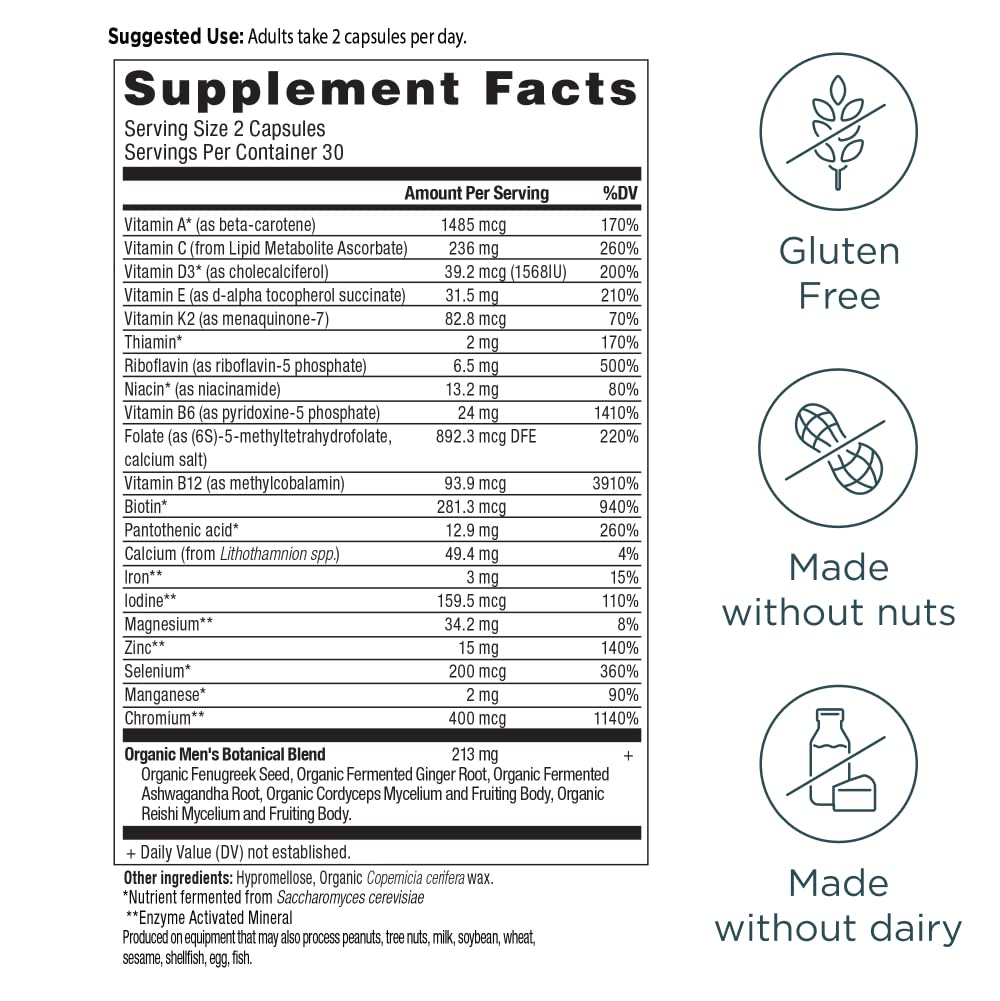 Ancient Nutrition Hommes Multivitamine — étiquette lisible montrant ingrédients fermentés.