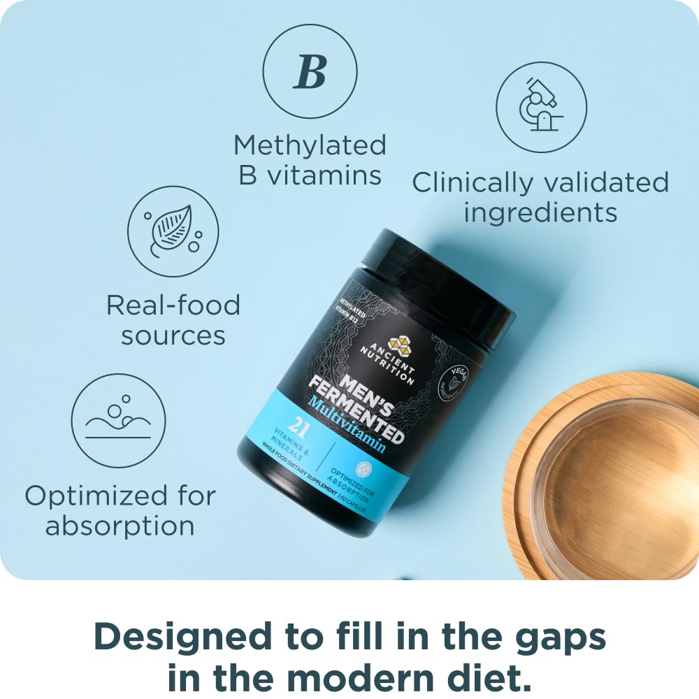 Ancient Nutrition Hommes Multivitamine — tableau ingrédients fermentés favorisant énergie et vitalité.