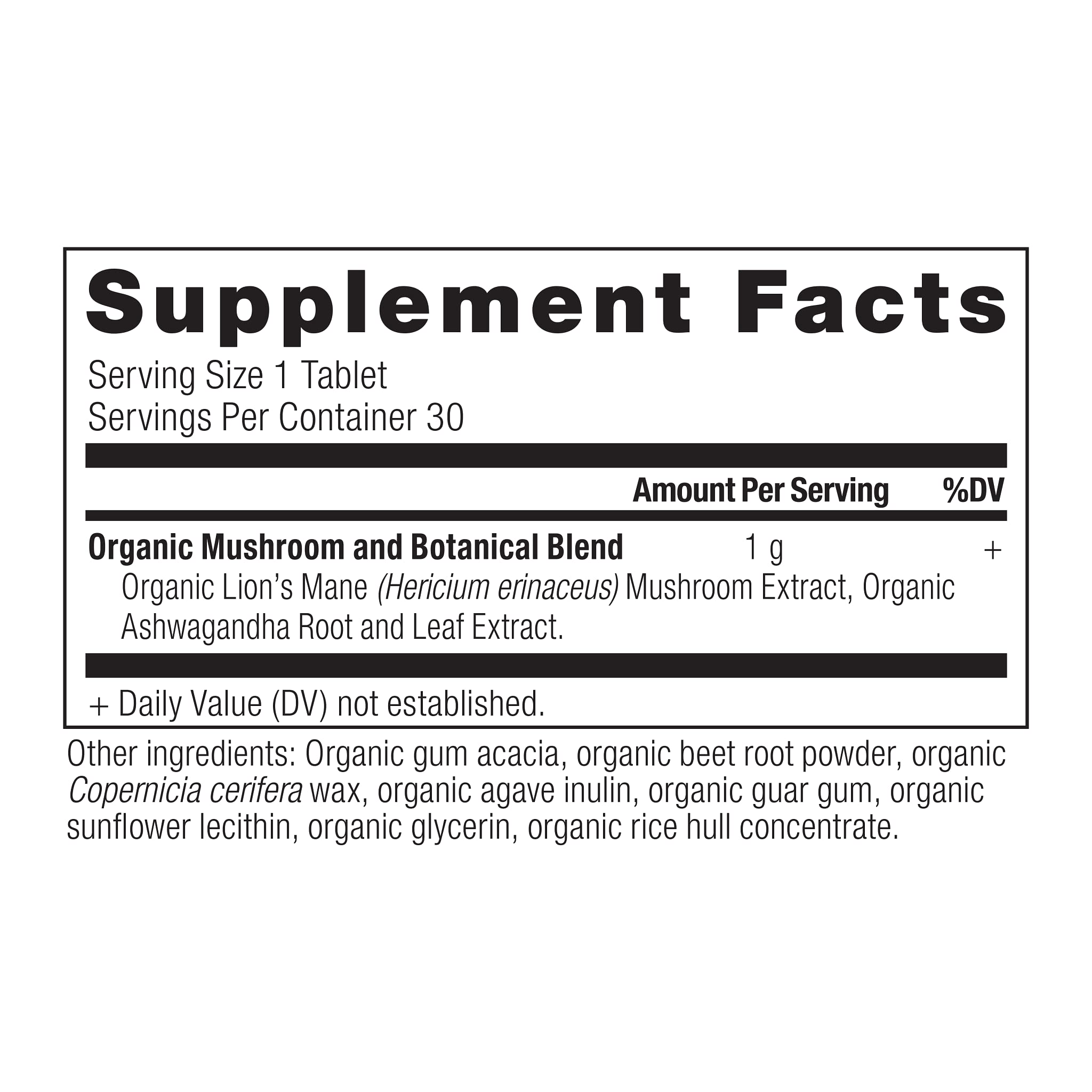 Ancient Nutrition ingrédients biologiques Lion's Mane visibles pour une formulation naturelle.