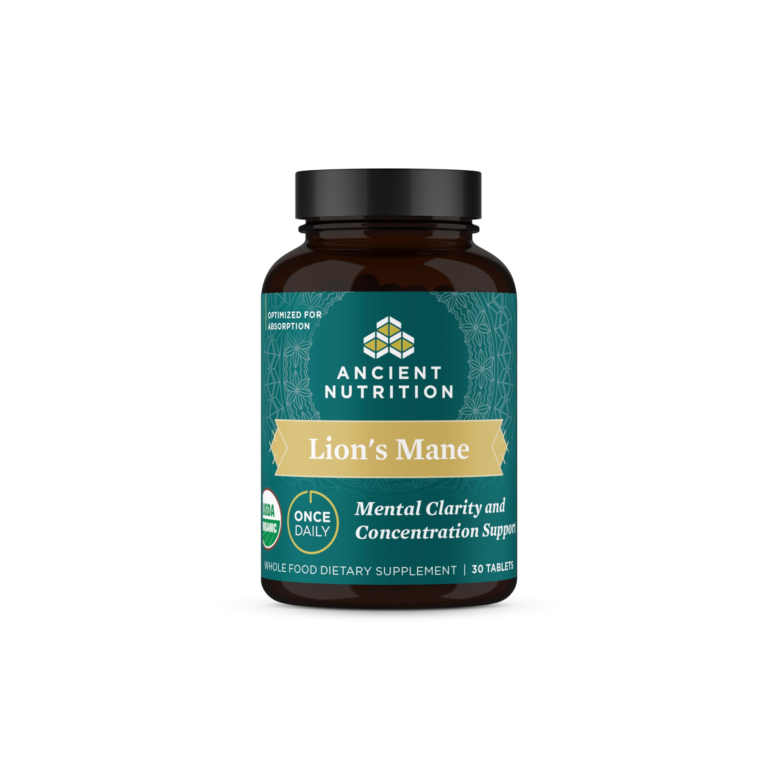 Ancient Nutrition Lion's Mane dans la bouteille, pratique pour une prise quotidienne.