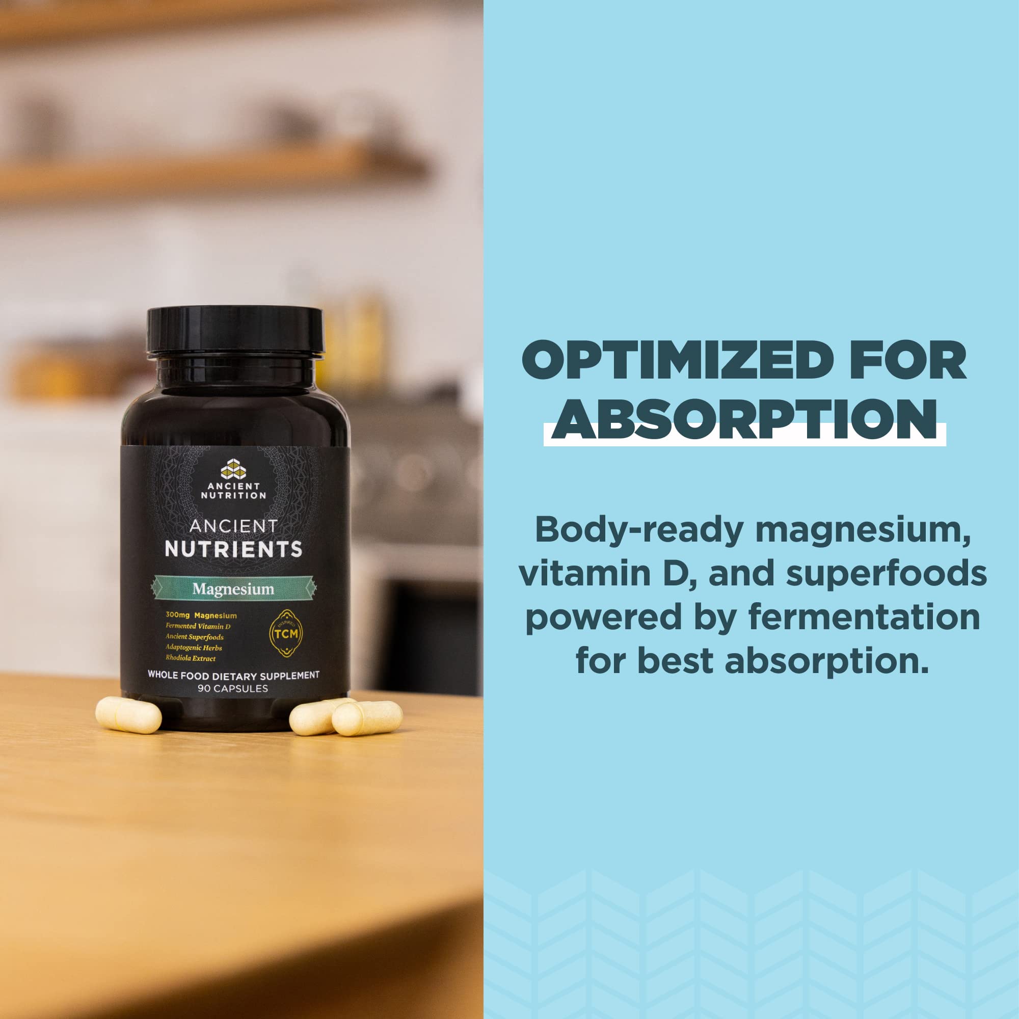 Ancient Nutrition Magnésium 300 mg – verre d'eau pour une prise simple.