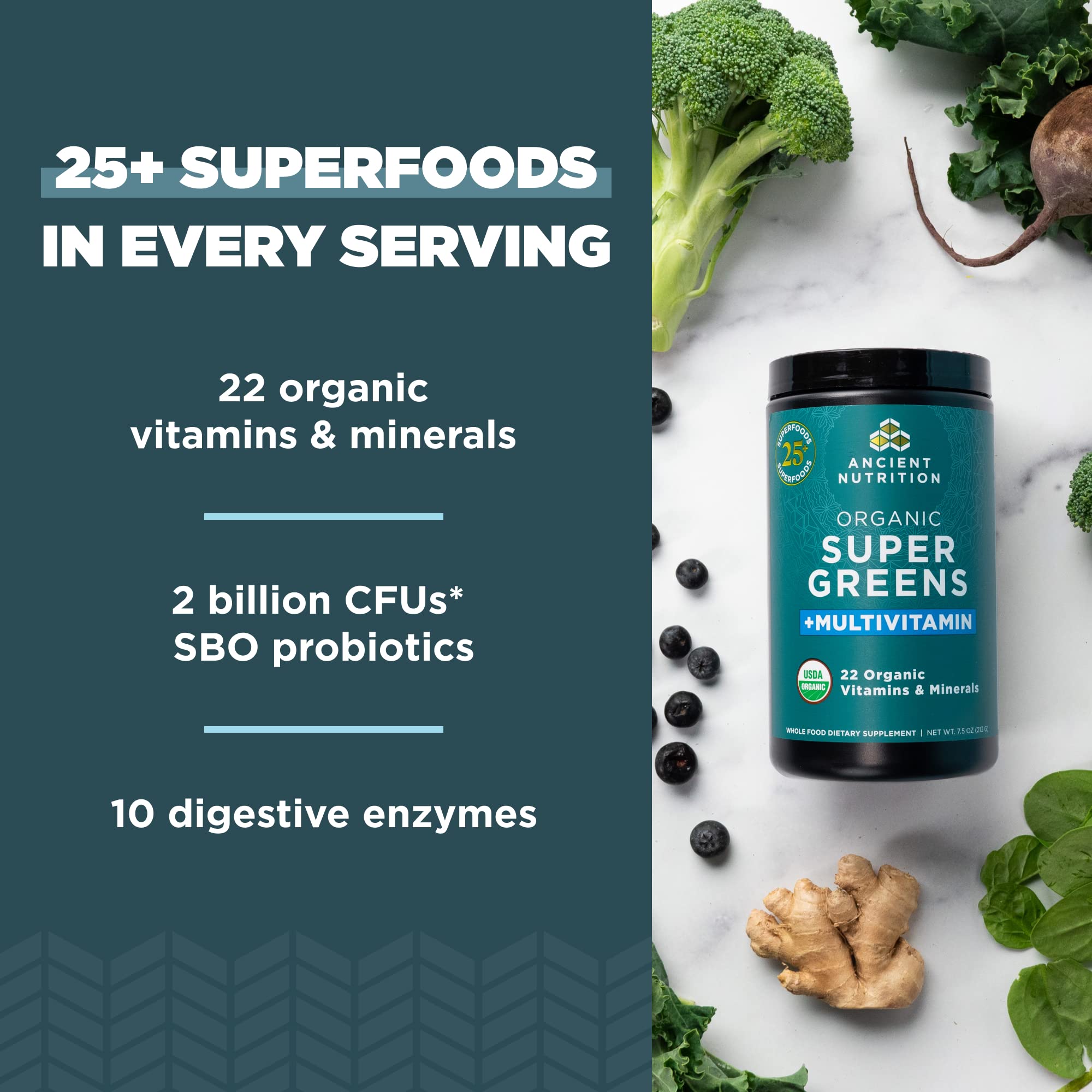 Ancient Nutrition mélange greens et vitamines dans smoothie, apport quotidien pratique