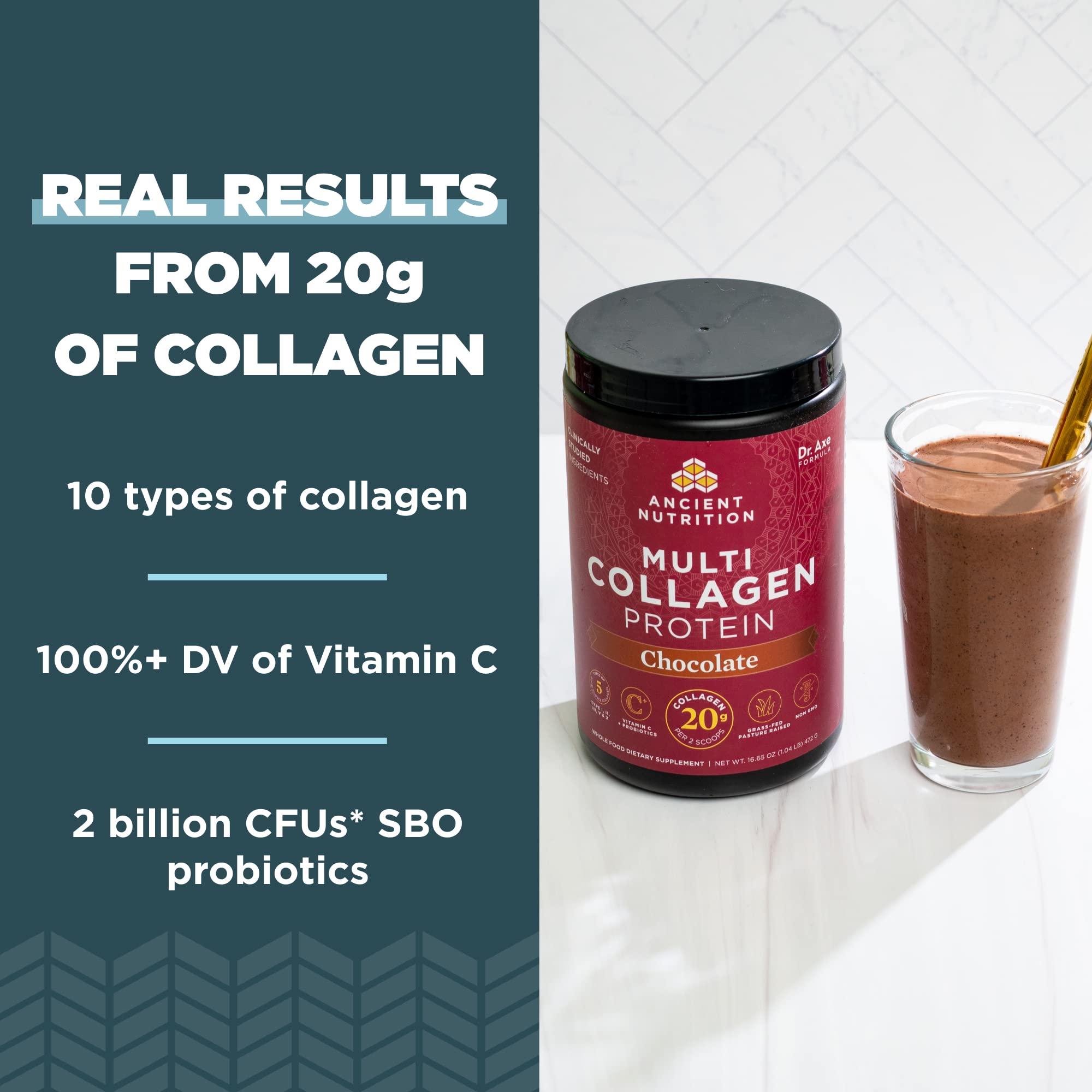 Ancient Nutrition Poudre de collagène chocolat – versement dans un verre, mélange lisse et cacao