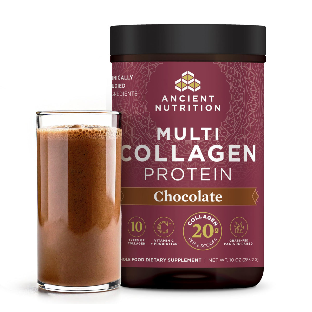 Ancient Nutrition Poudre de collagène chocolat – emballage recto, routine beauté et bien-être
