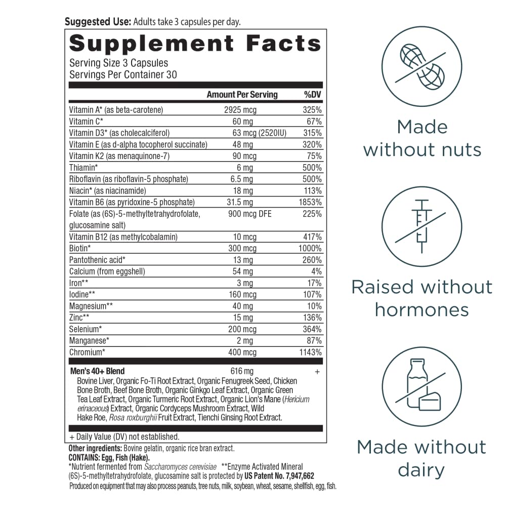 Ancient Nutrition Multi Men 40+ : ingrédients clés illustrés pour une nutrition ciblée.