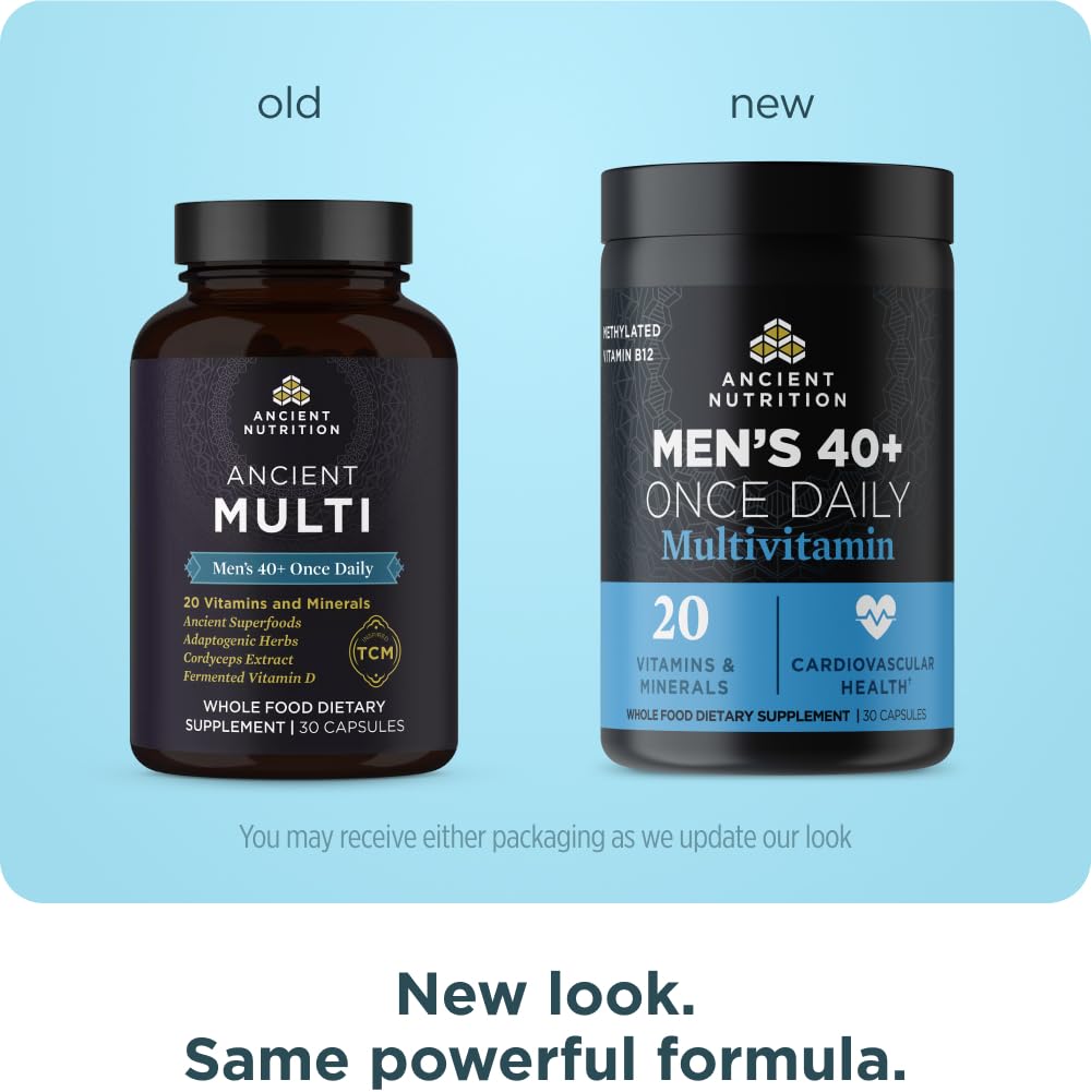 Gélules du multivitamine Ancient Nutrition pour homme 40+ pour usage quotidien.