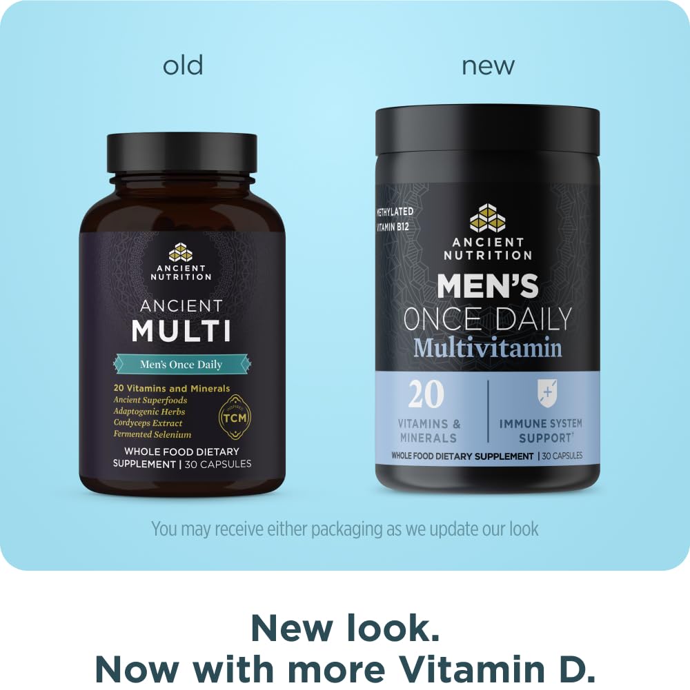 Ancient Nutrition Multivitamine Homme — capuchon et comprimés, absorption améliorée.