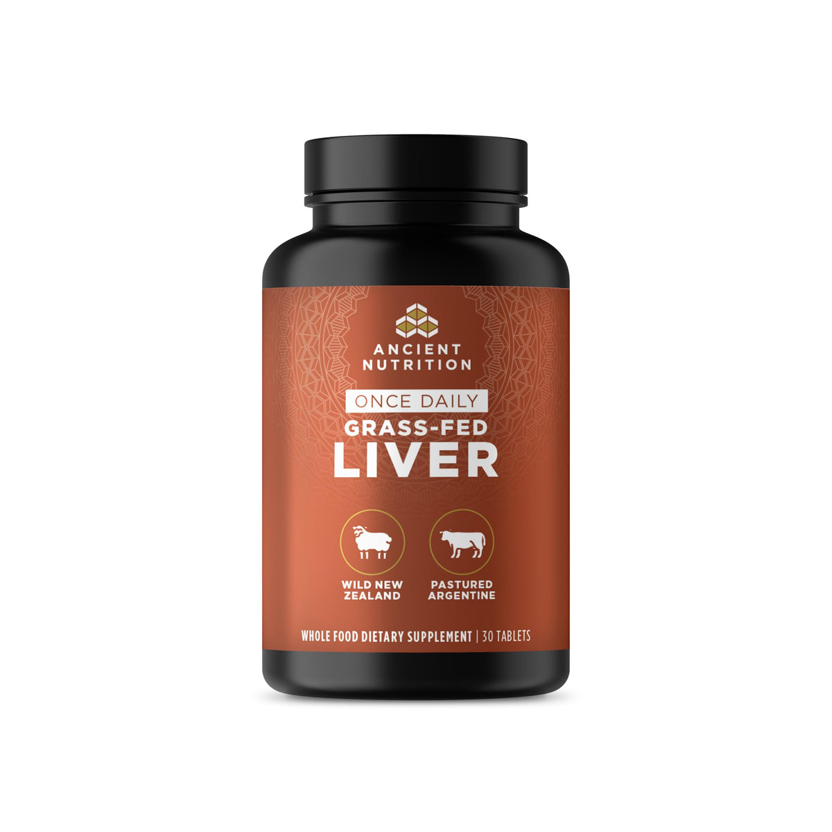 Ancient Nutrition Organ Complex – bouteille et etiquette, foie de boeuf et d'agneau pour l'apport quotidien.