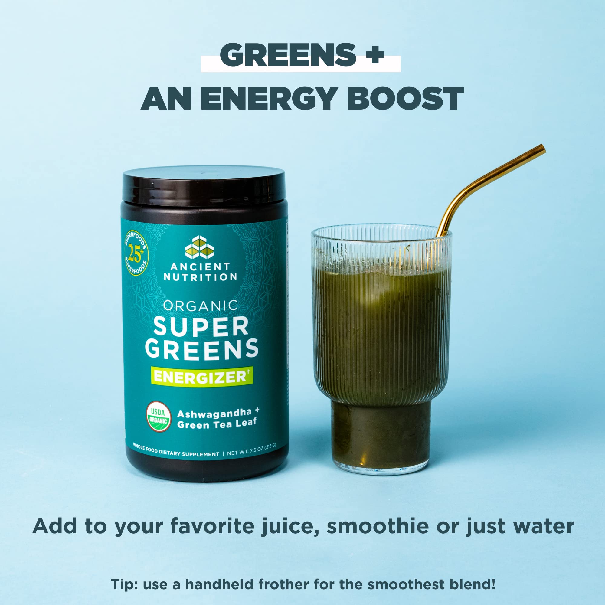 Ancient Nutrition Organic SuperGreens Energizer — probiotiques Bacillus coagulans pour le soutien intestinal potentiel.