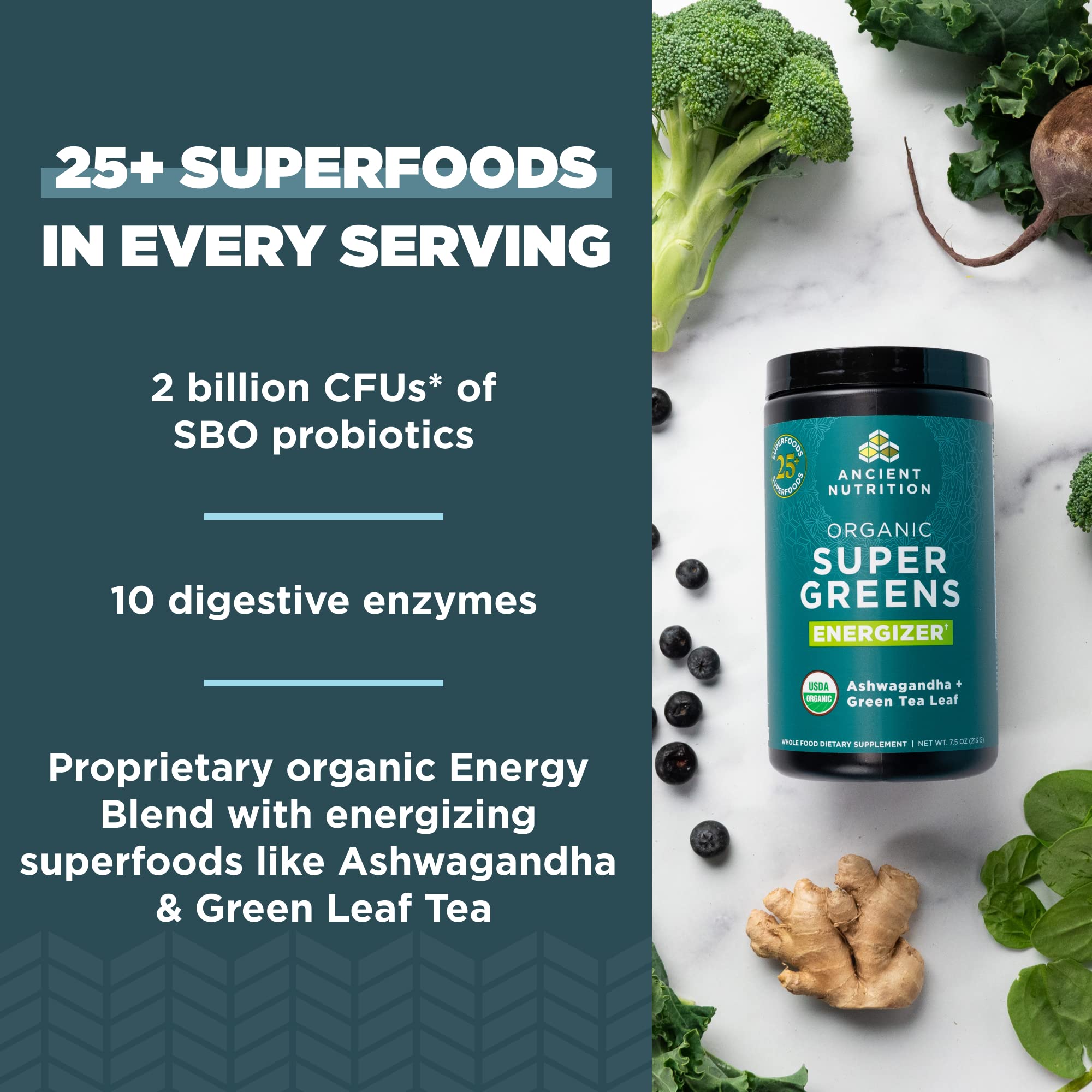 Ancient Nutrition Organic SuperGreens Energizer — verre d'eau prêt à être mélangé pour énergie naturelle.