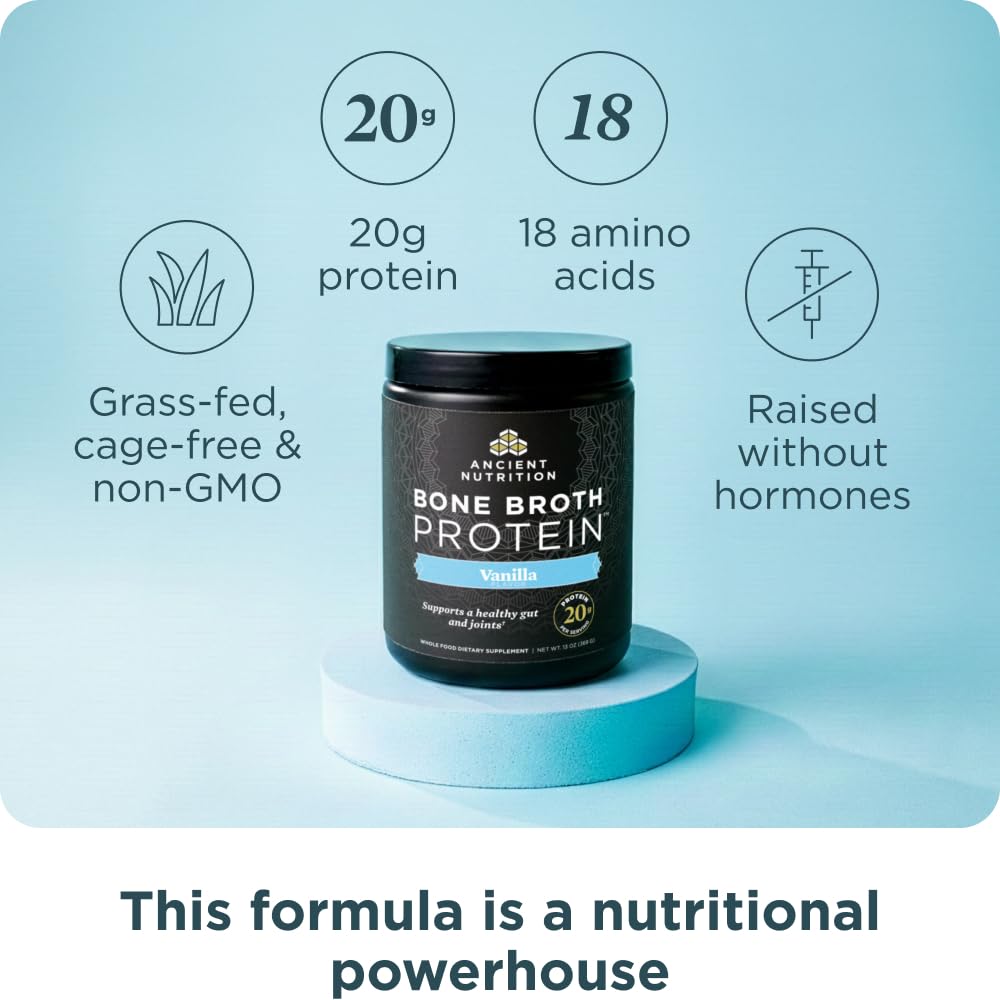 Ancient Nutrition poudre bouillon os chocolat, protéine riche pour recettes rapides.