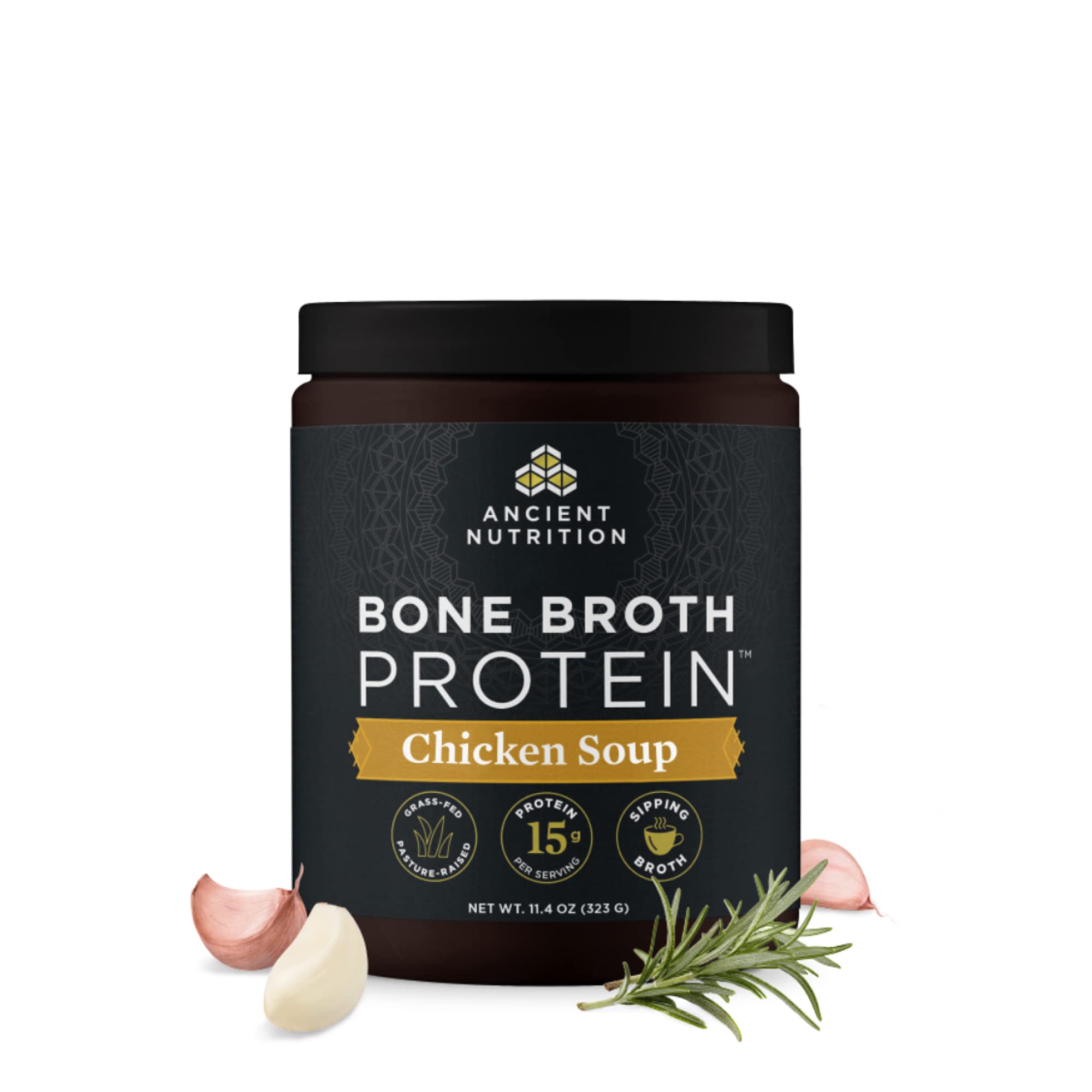 Ancient Nutrition poudre bouillon poulet, protéine pratique pour les repas.