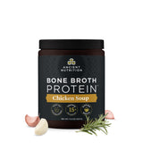 Ancient Nutrition poudre bouillon poulet, protéine pratique pour les repas.