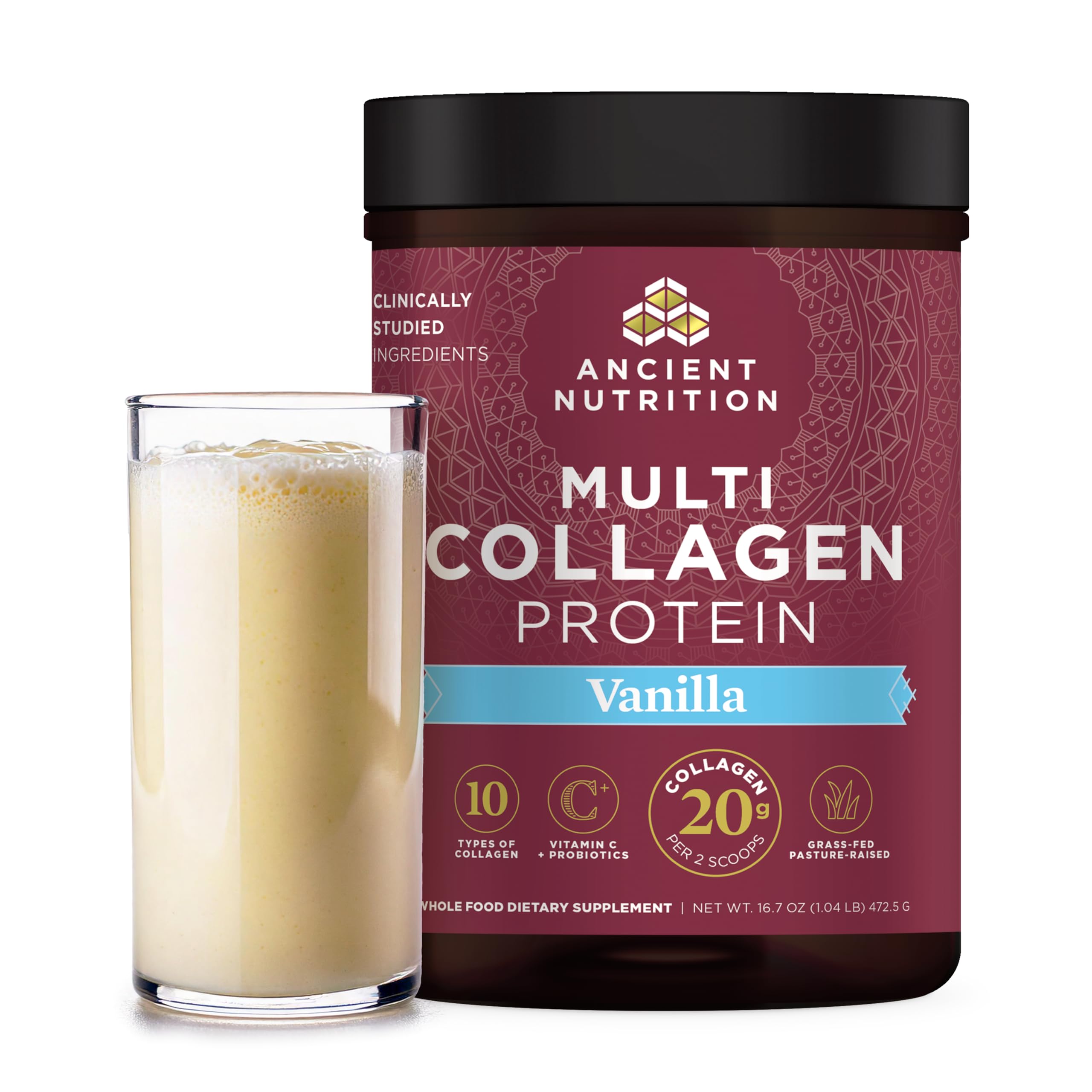 Ancient Nutrition Poudre collagène multi vanille, bocal prêt à l'ajout pour la peau.