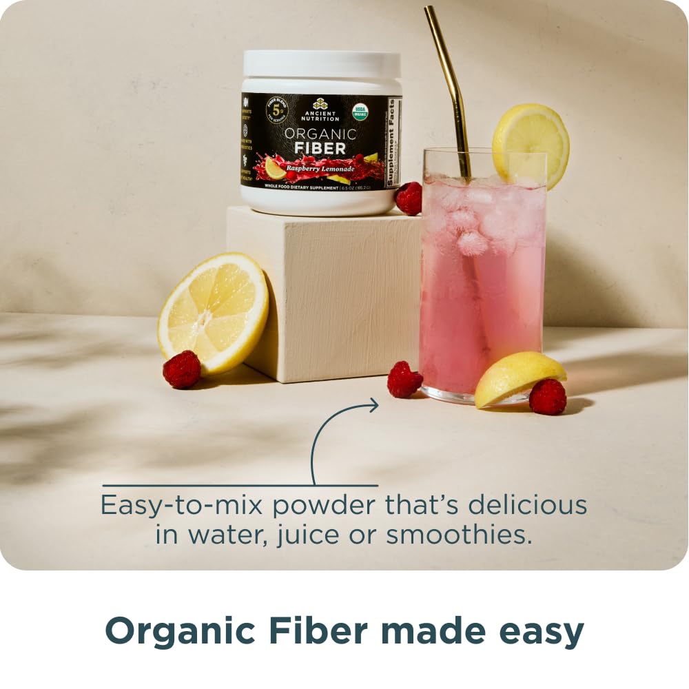 Ancient Nutrition Poudre fibre biologique framboise-citronnade étiquette biologique sans sucre ajouté