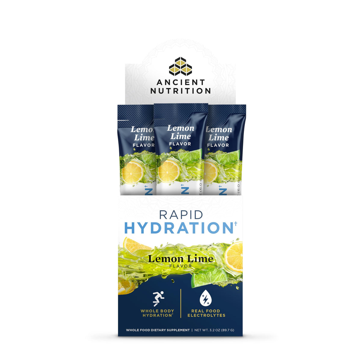 Poudre Ancient Nutrition citron-lime pour hydratation rapide et rafraîchissement.