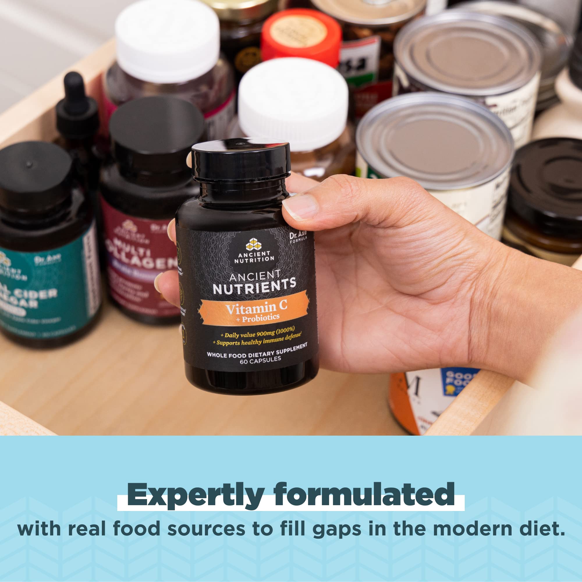 Ancient Nutrition Probiotics et Vitamin C – emballage clair et pratique.
