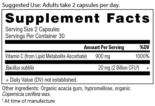Ancient Nutrition Probiotics et Vitamin C – etiquette montrant les informations et biodisponibilité.