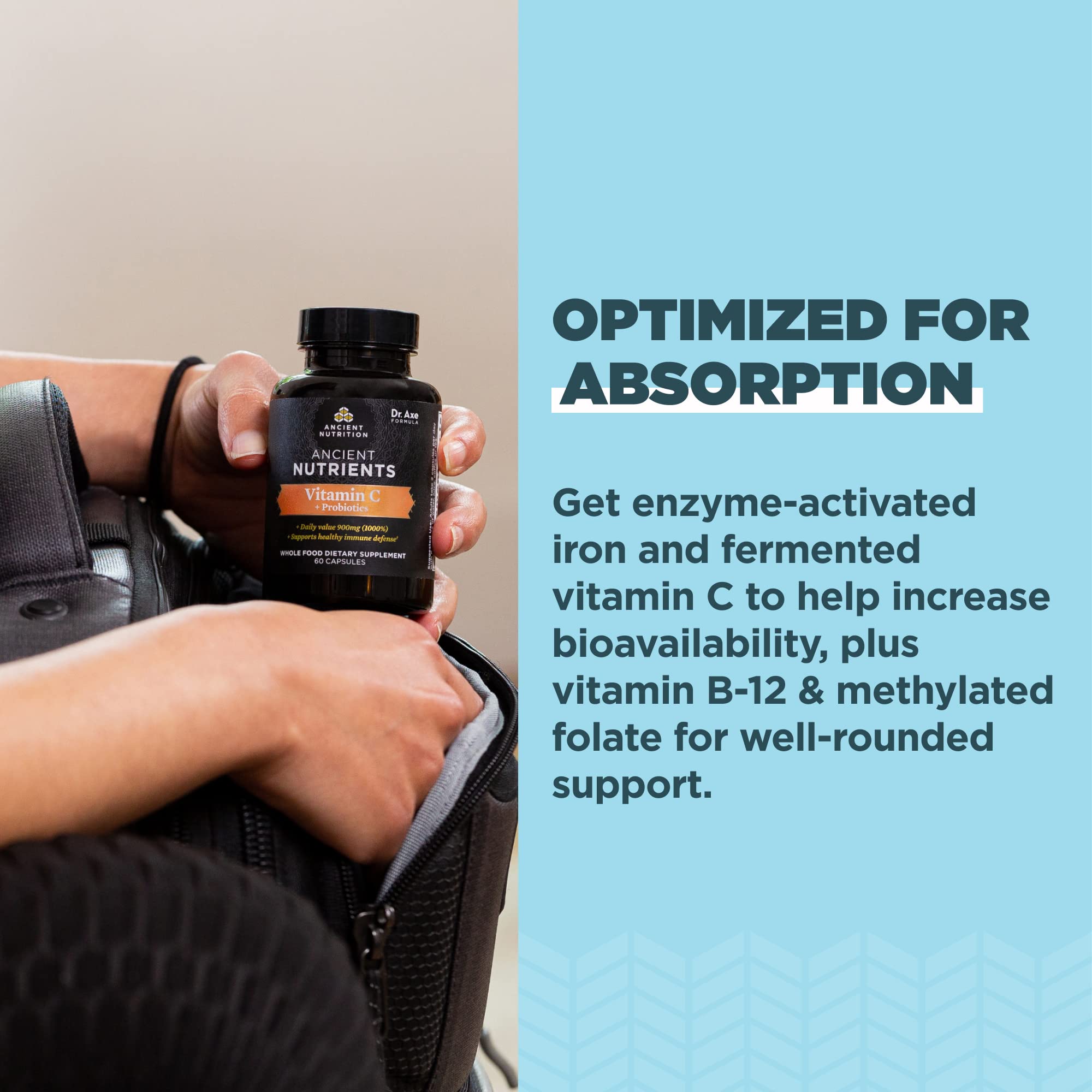 Ancient Nutrition Probiotics et Vitamin C – prise quotidienne soutenue par la formule.