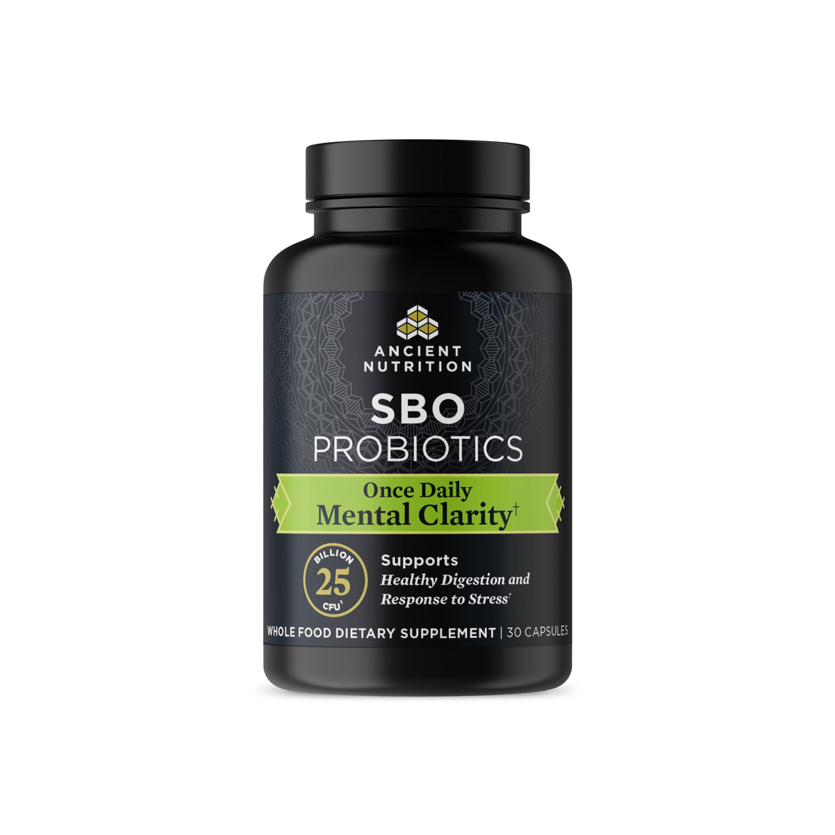 Ancient Nutrition Probiotics: bouteille affichant la dose quotidienne pour la clarté mentale.