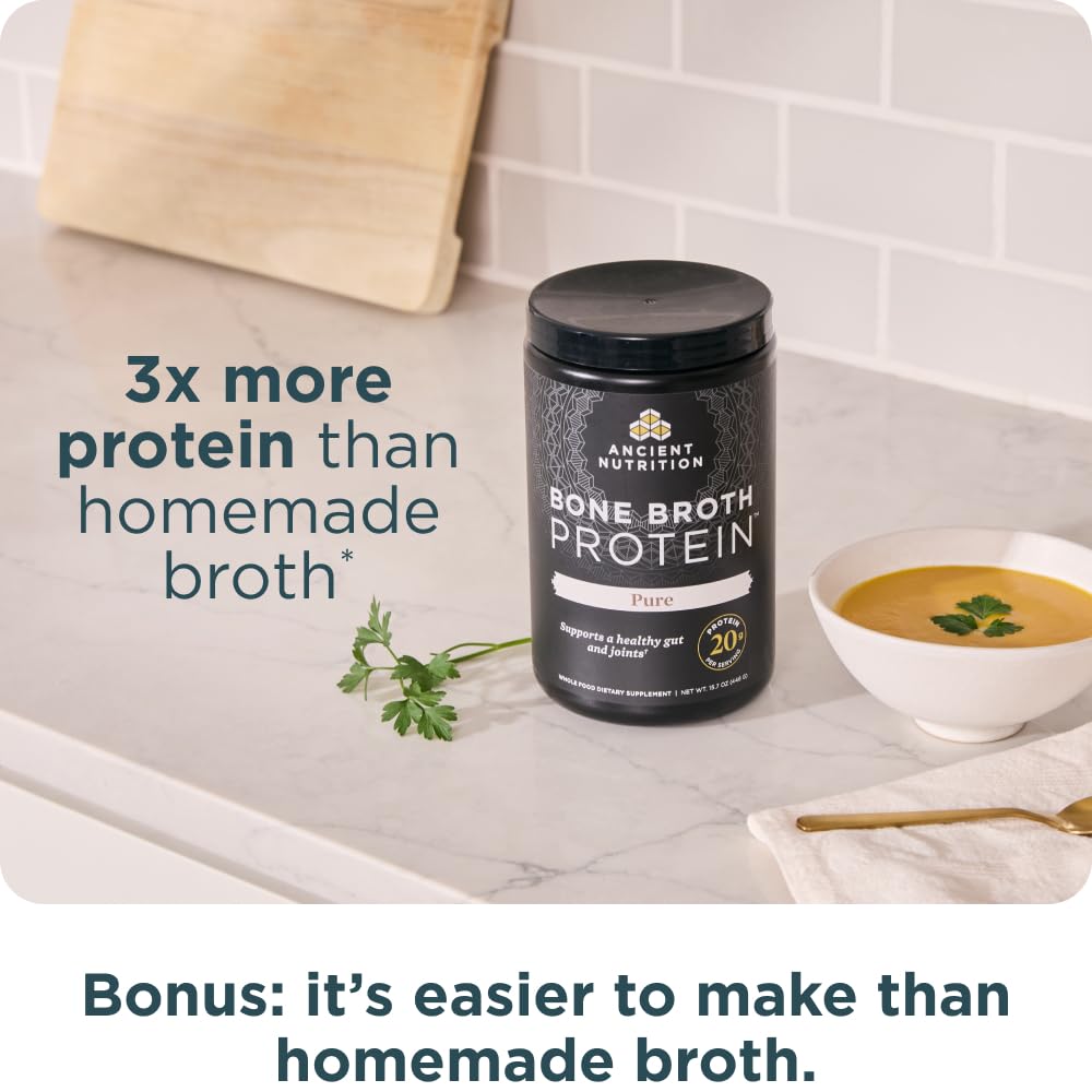 Ancient Nutrition protéine de bouillon d’os boîte contenance, rangement pratique et durable.