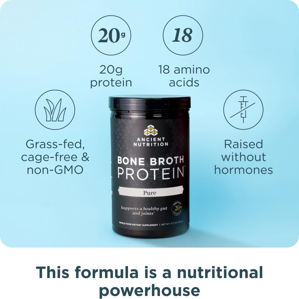 Ancient Nutrition protéine de bouillon d’os chocolat, bouteille, goût enrichissant pour shakes.