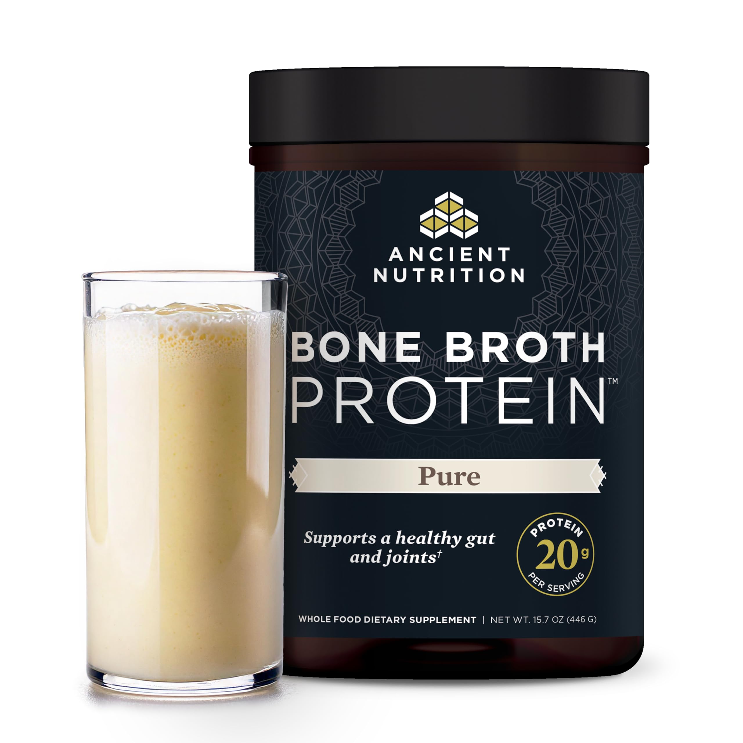 Ancient Nutrition protéine de bouillon d’os vanille, bouteille, parfaite pour smoothies riches en protéines.
