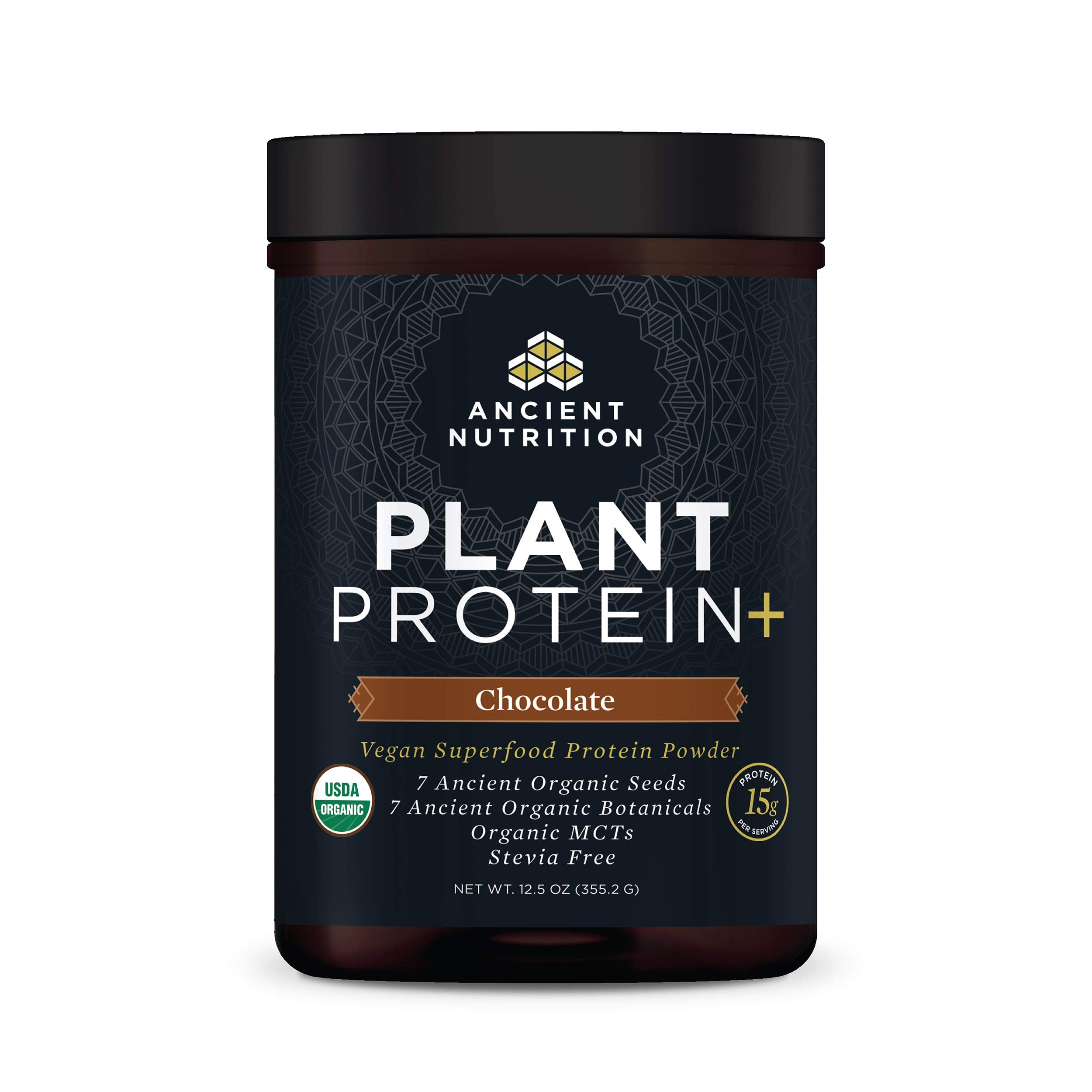 Ancient Nutrition Plant Based Protein chocolat en poudre pour shake rapide et protéiné.