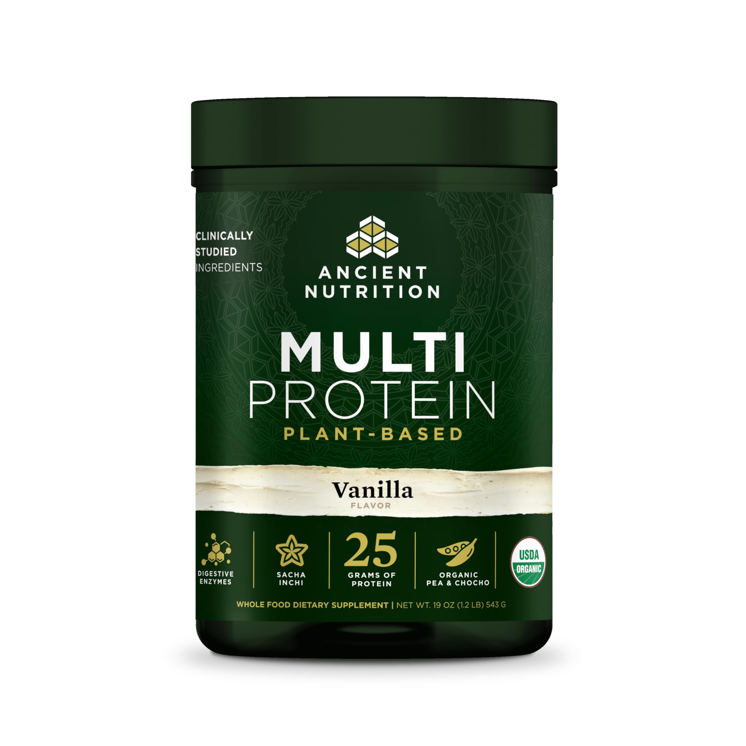Ancient Nutrition Protéine Végétale Multi Vanille — boîte, soutien potentiel à la récupération musculaire.