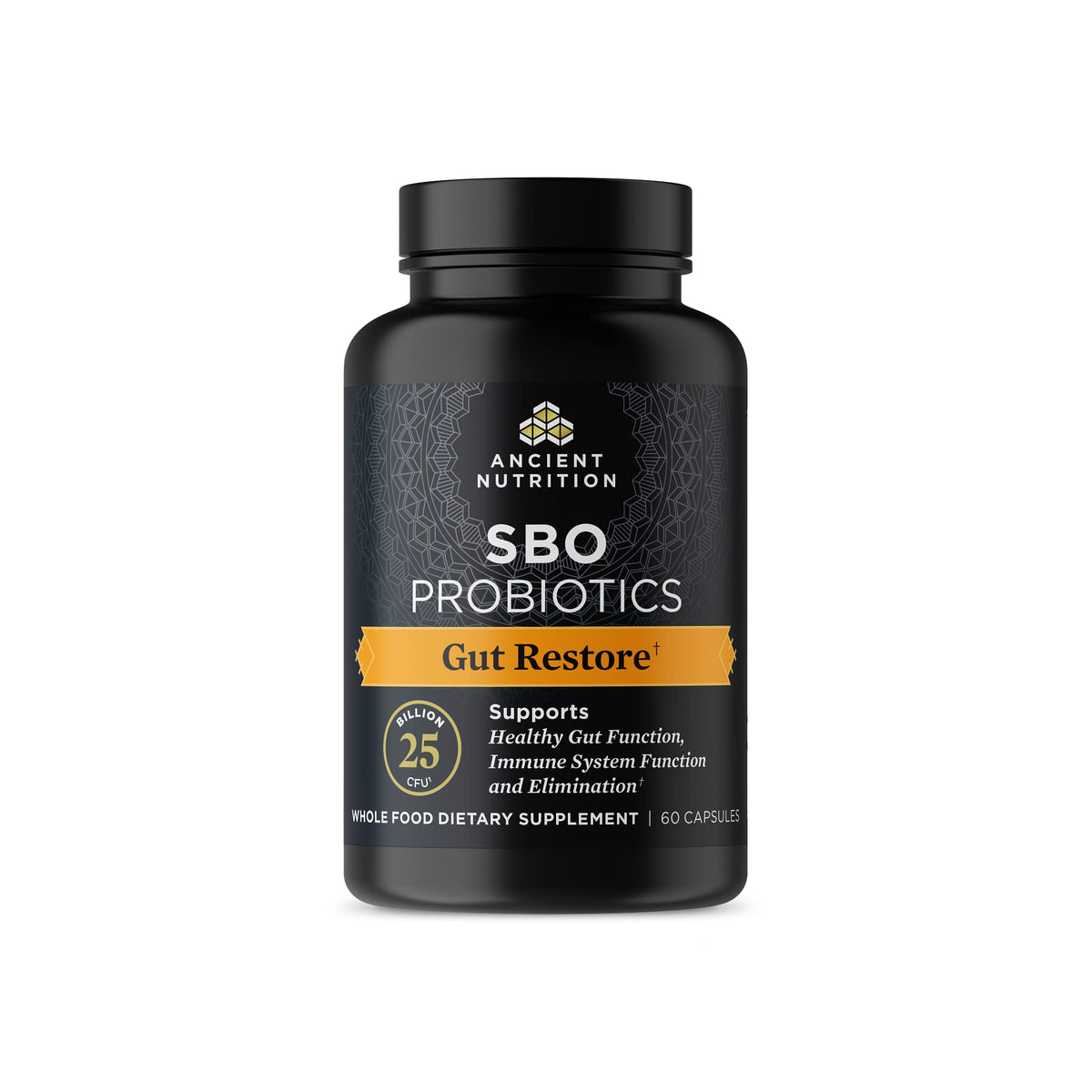 Ancient Nutrition SBO Gut Restore, bouteille, soutien potentiel de l'équilibre intestinal.