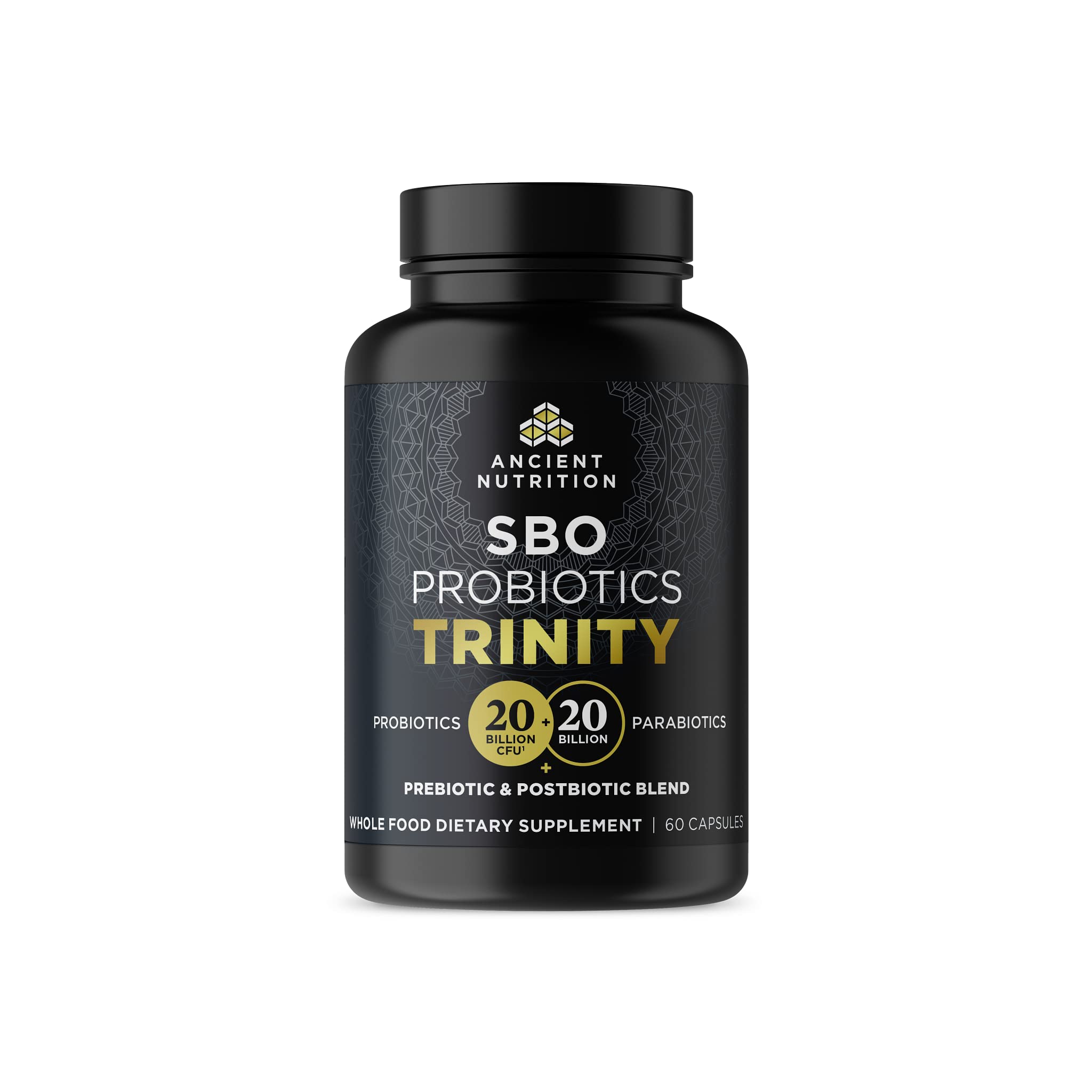 Ancient Nutrition SBO Probiotic Trinity, bouteille de 60 gélules, soutien digestif quotidien.