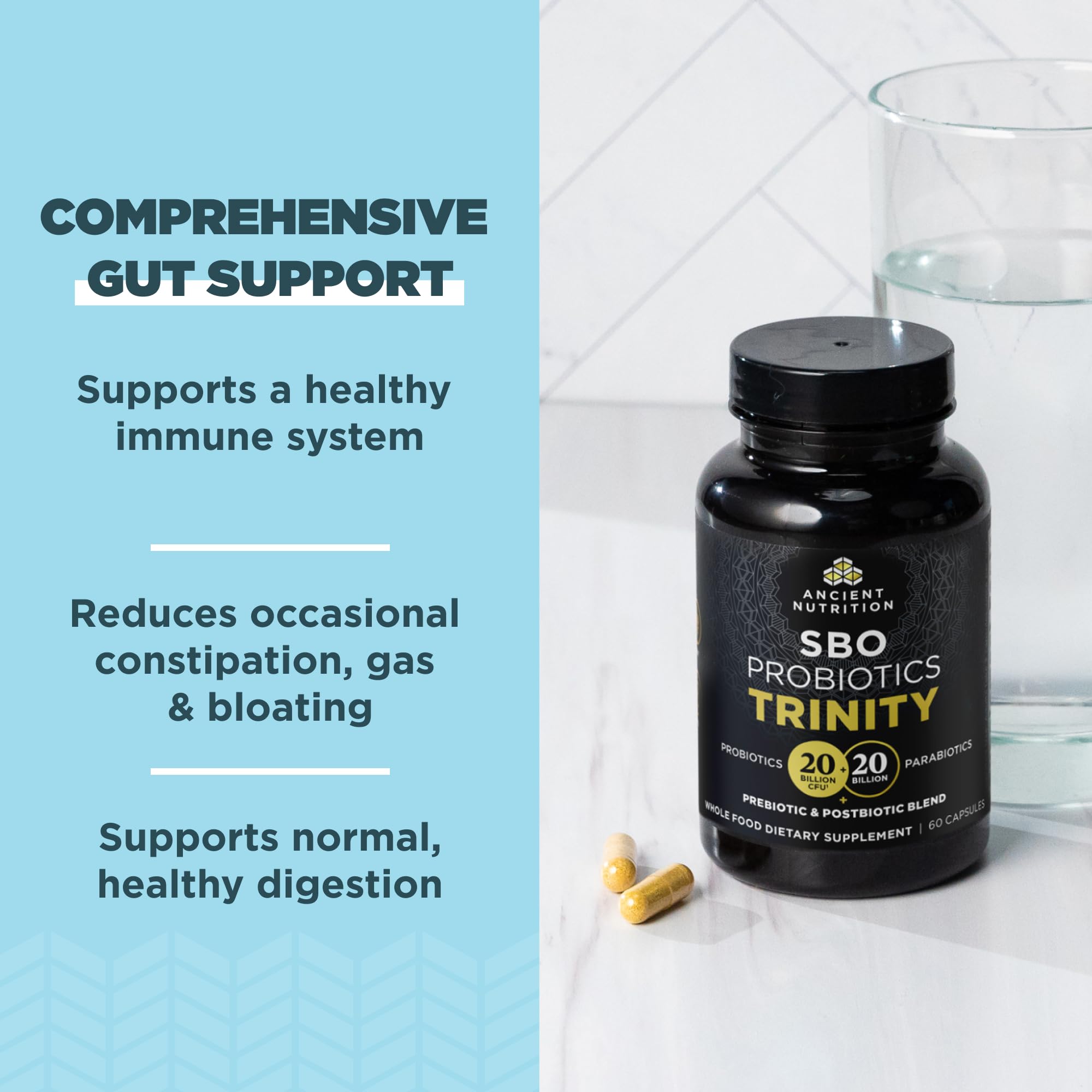 Ancient Nutrition SBO Probiotic Trinity, gélules faciles à avaler en routine journalière.