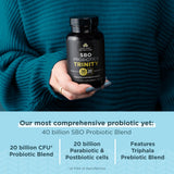 Ancient Nutrition SBO Probiotic Trinity, composition prébiotiques et postbiotiques pour l’équilibre intestinal.
