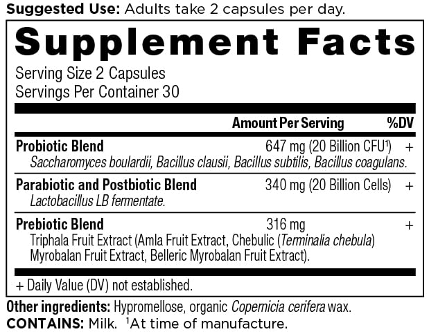 Ancient Nutrition SBO Probiotic Trinity, etiquette du produit et notice.