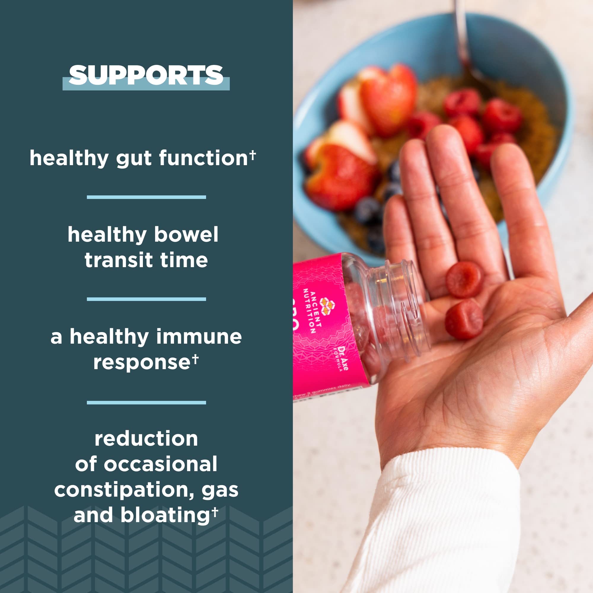 Ancient Nutrition SBO Probiotics Gommes Framboise – texte ingrédients détaillé et absence de gluten