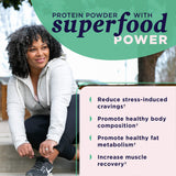 Verre montrant smoothie chocolaté enrichi de Plant Based Protein+ d Ancient Nutrition.