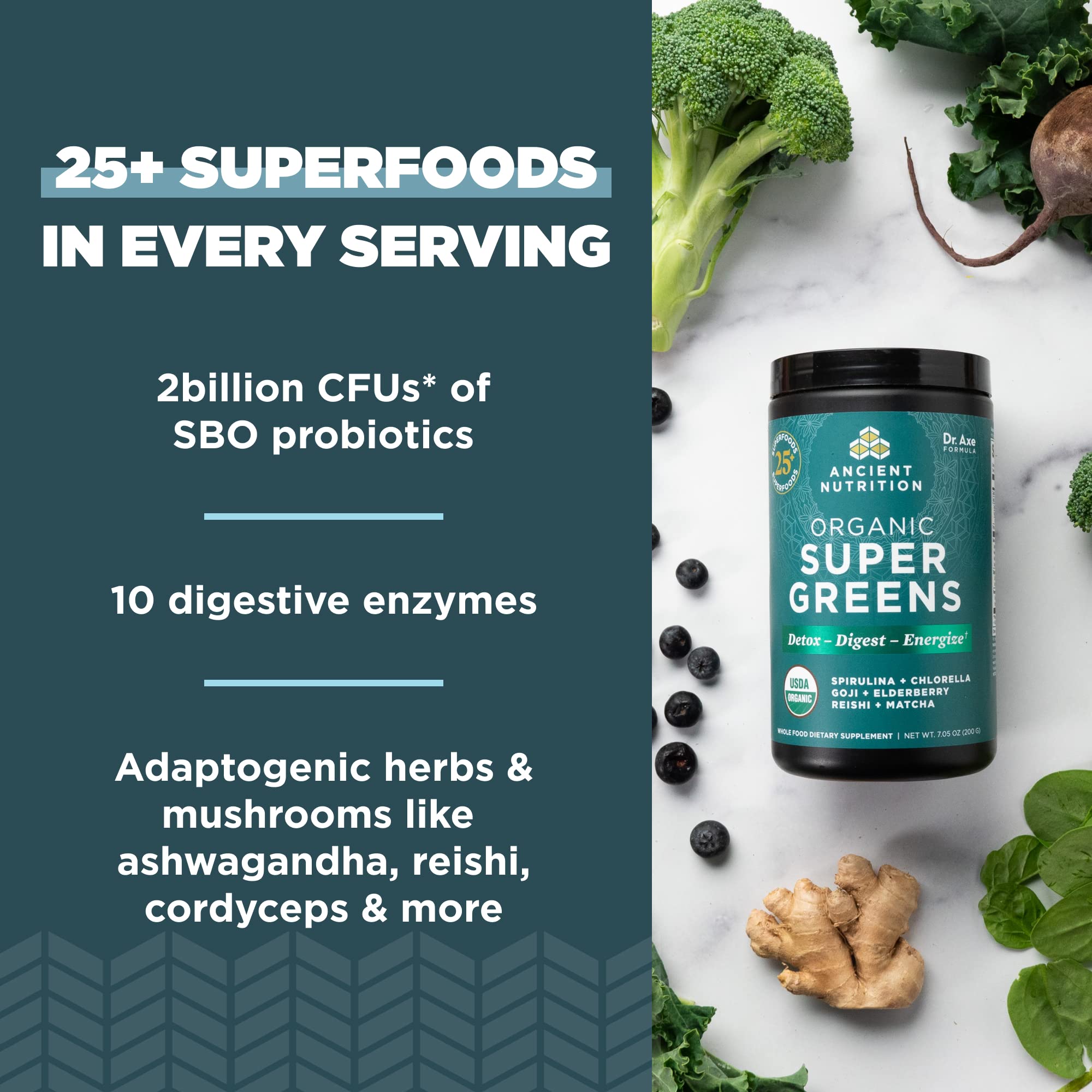 Ancient Nutrition Super Greens – cuillère-dose pour mesurer facilement la dose
