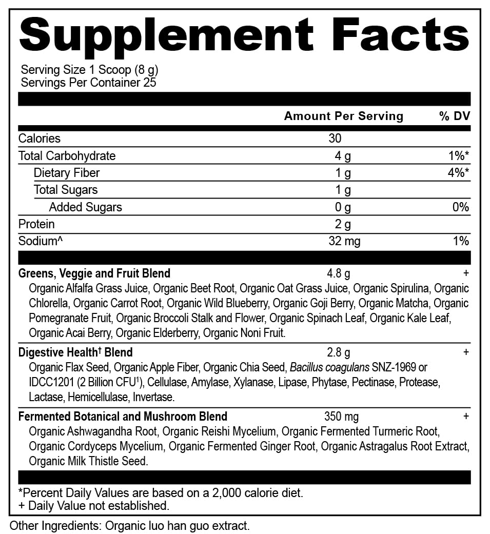 Ancient Nutrition Super Greens – ingrédients fruits et légumes riches en micronutriments