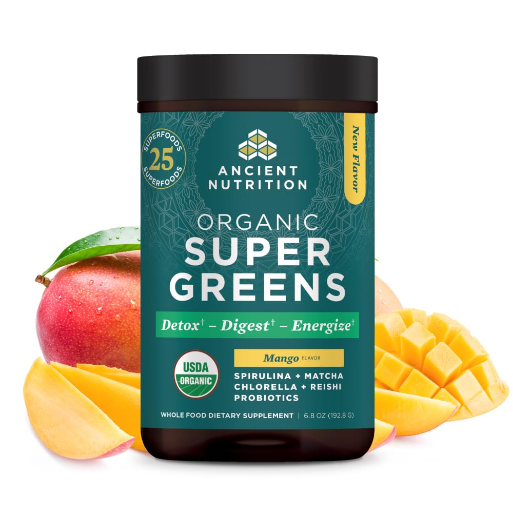 Ancient Nutrition SuperGreens: bouteille-pour, préparation rapide d'une boisson verte énergisante.