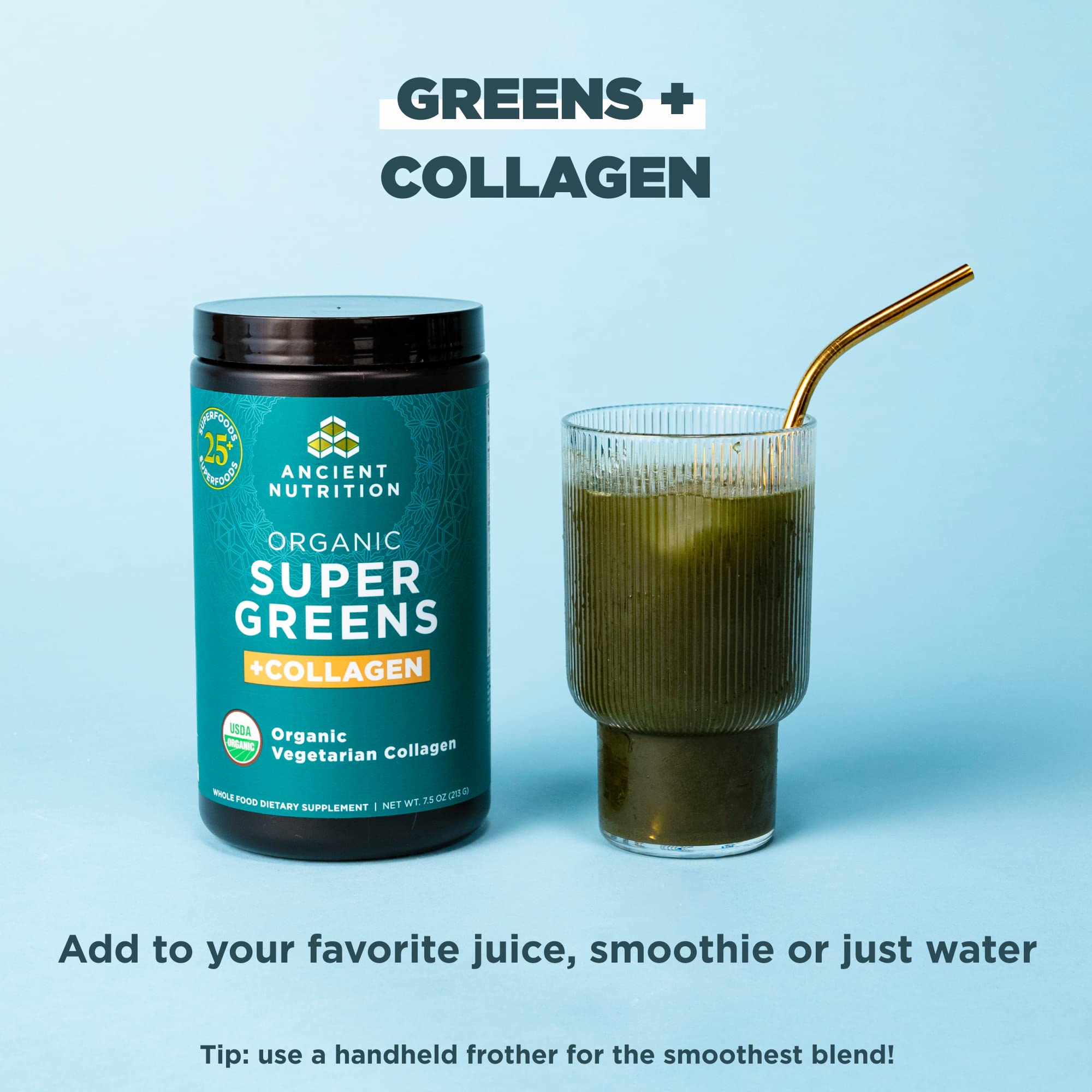 Ancient Nutrition Supergreens: collagène boost et mélange équilibré pour articulations et peau.