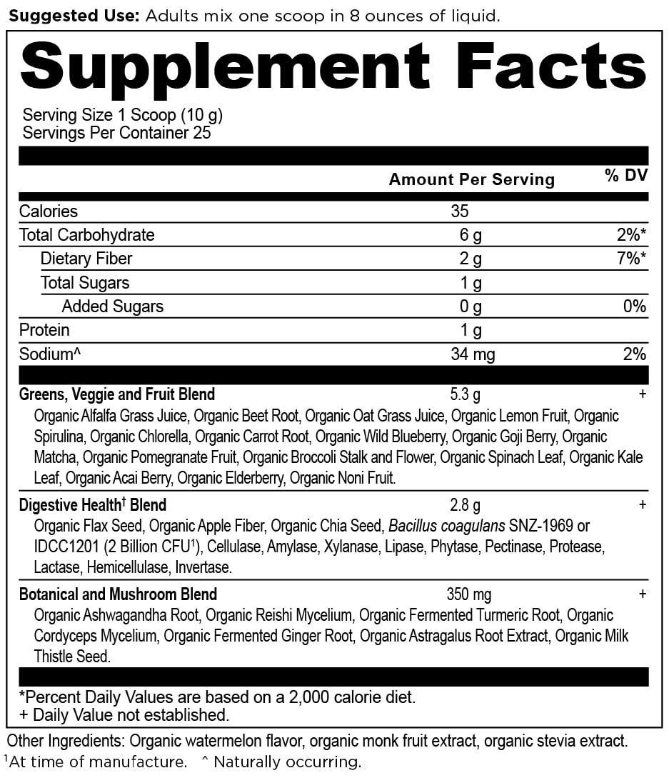 Ancient Nutrition SuperGreens cuillère dose : dose facile pour démarrer la journée avec fibres et probiotiques.