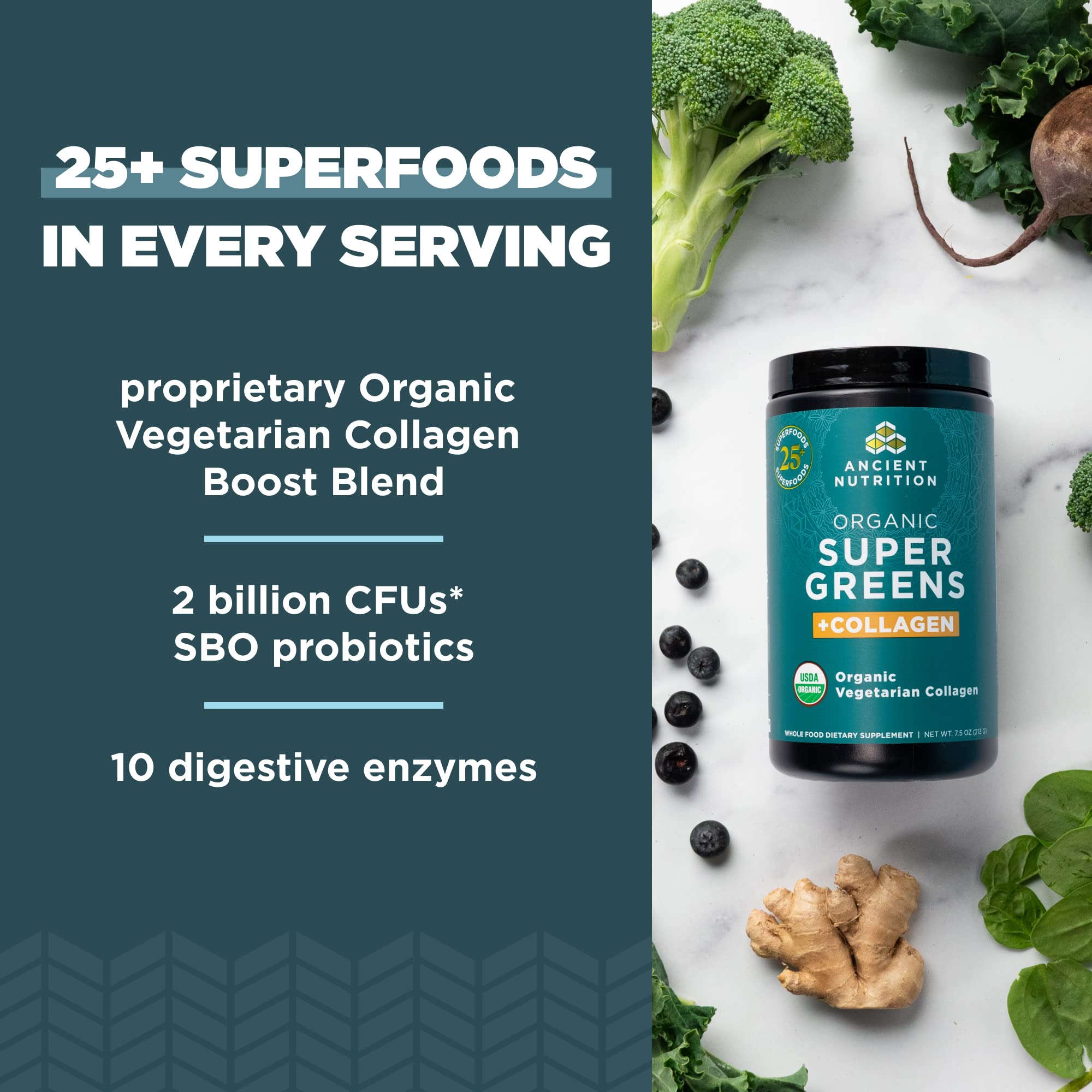 Ancient Nutrition Supergreens: doseur et portion unique, facilité d'ajout à vos boissons.