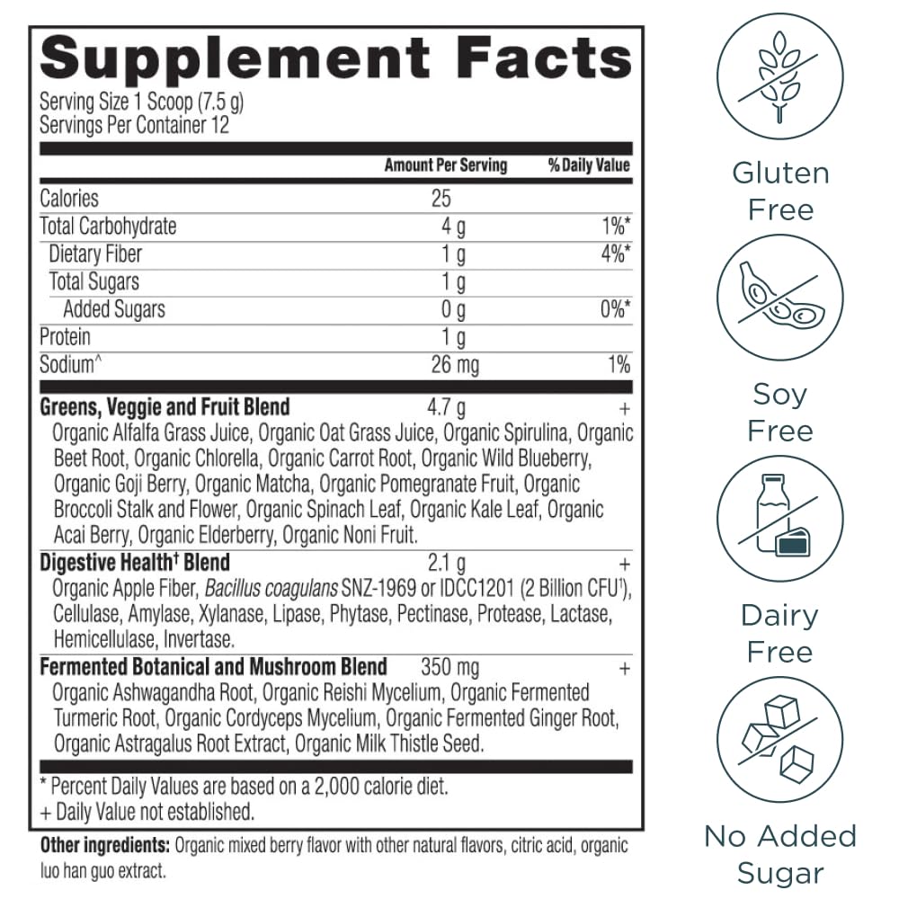 Boîte Ancient Nutrition SuperGreens biologique certifiée pour une utilisation quotidienne.