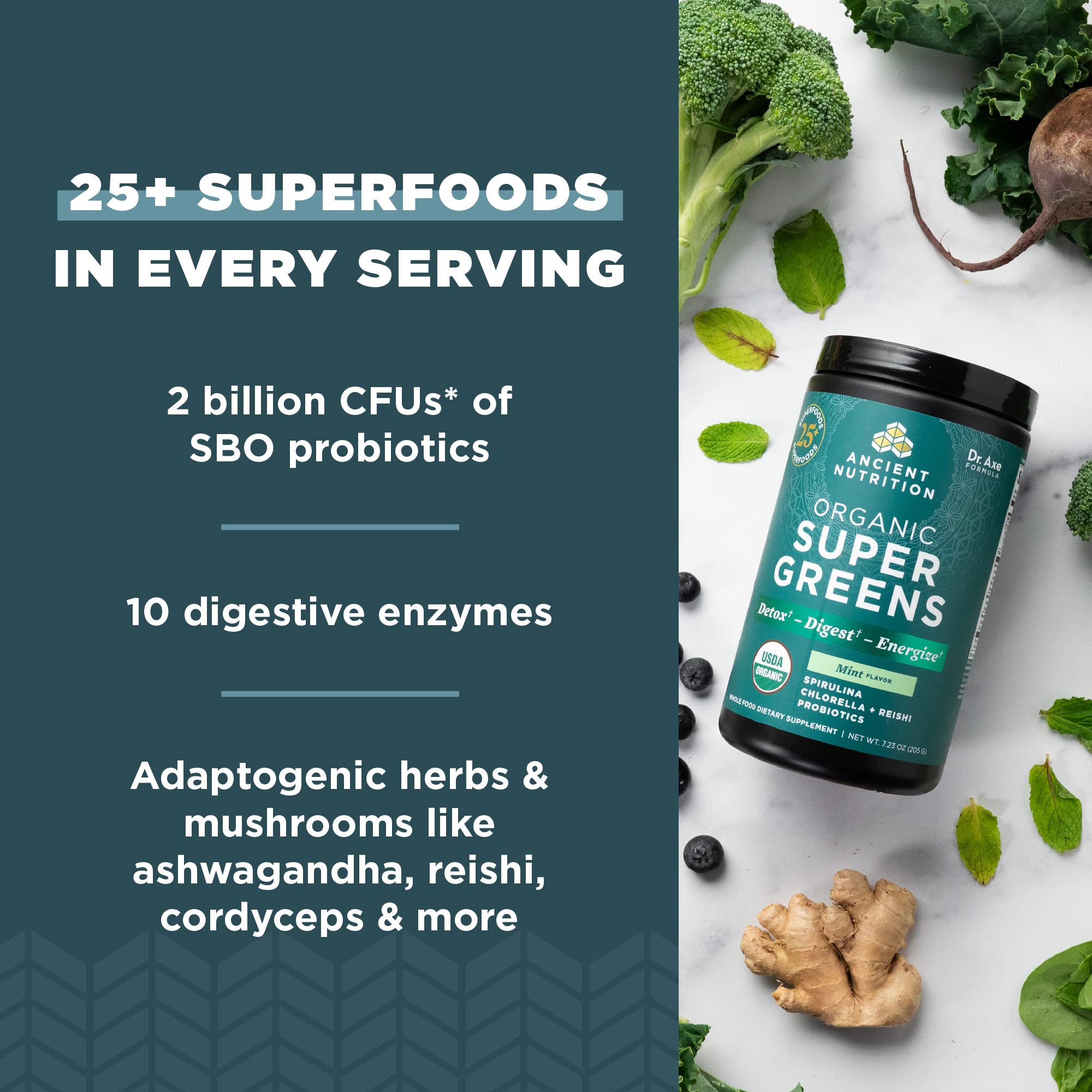 Ancient Nutrition SuperGreens mélange fruits et légumes pour un apport pratique.