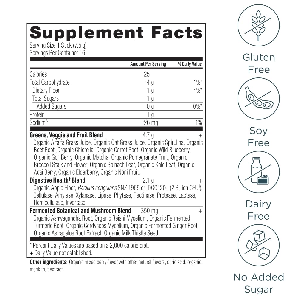 Ancient Nutrition SuperGreens, gobelet prêt à mélanger, pratique pour le quotidien.