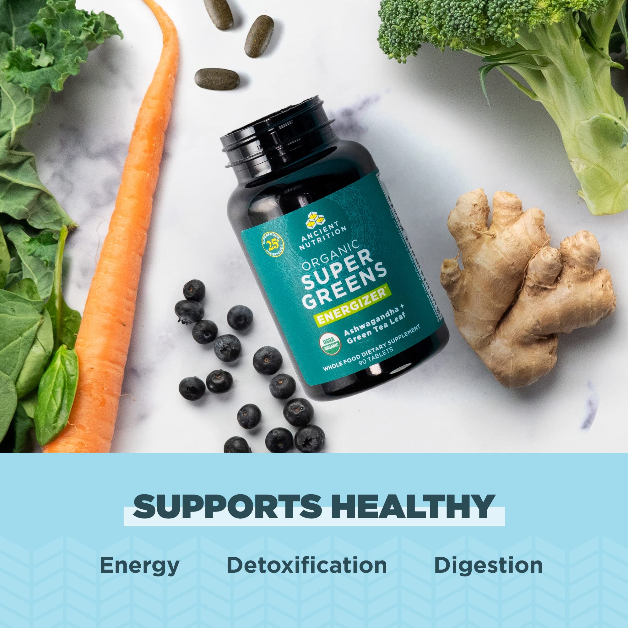 Ancient Nutrition Supergreens, ingrédients fruits légumes herbes