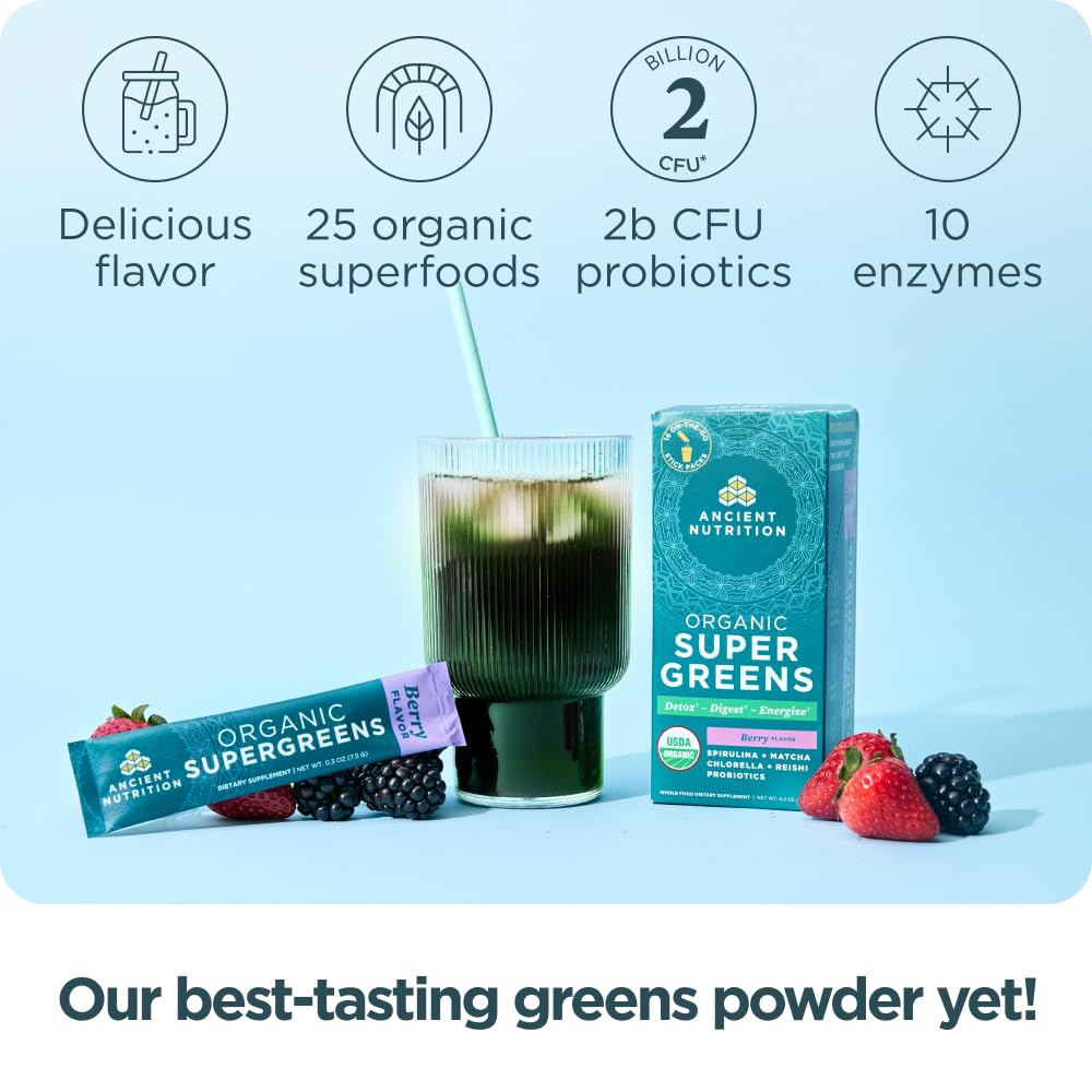 Ancient Nutrition SuperGreens, ingrédients biologiques certifiés, qualité et sécurité.