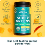 Ancient Nutrition SuperGreens: mélange-boisson-verte, énergie naturelle et soutien digestif possible.