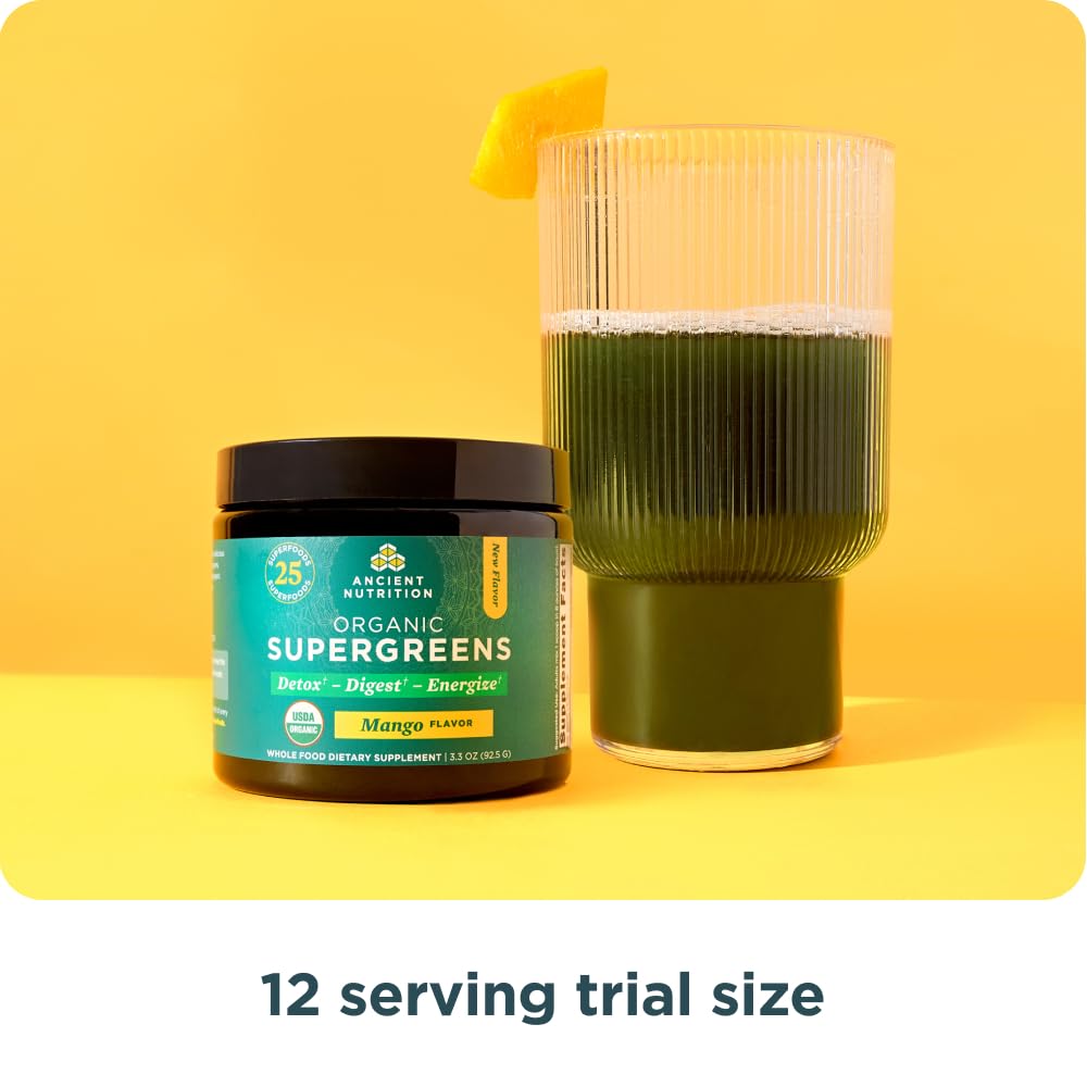 Ancient Nutrition SuperGreens mélange rapide pour boisson pratique.