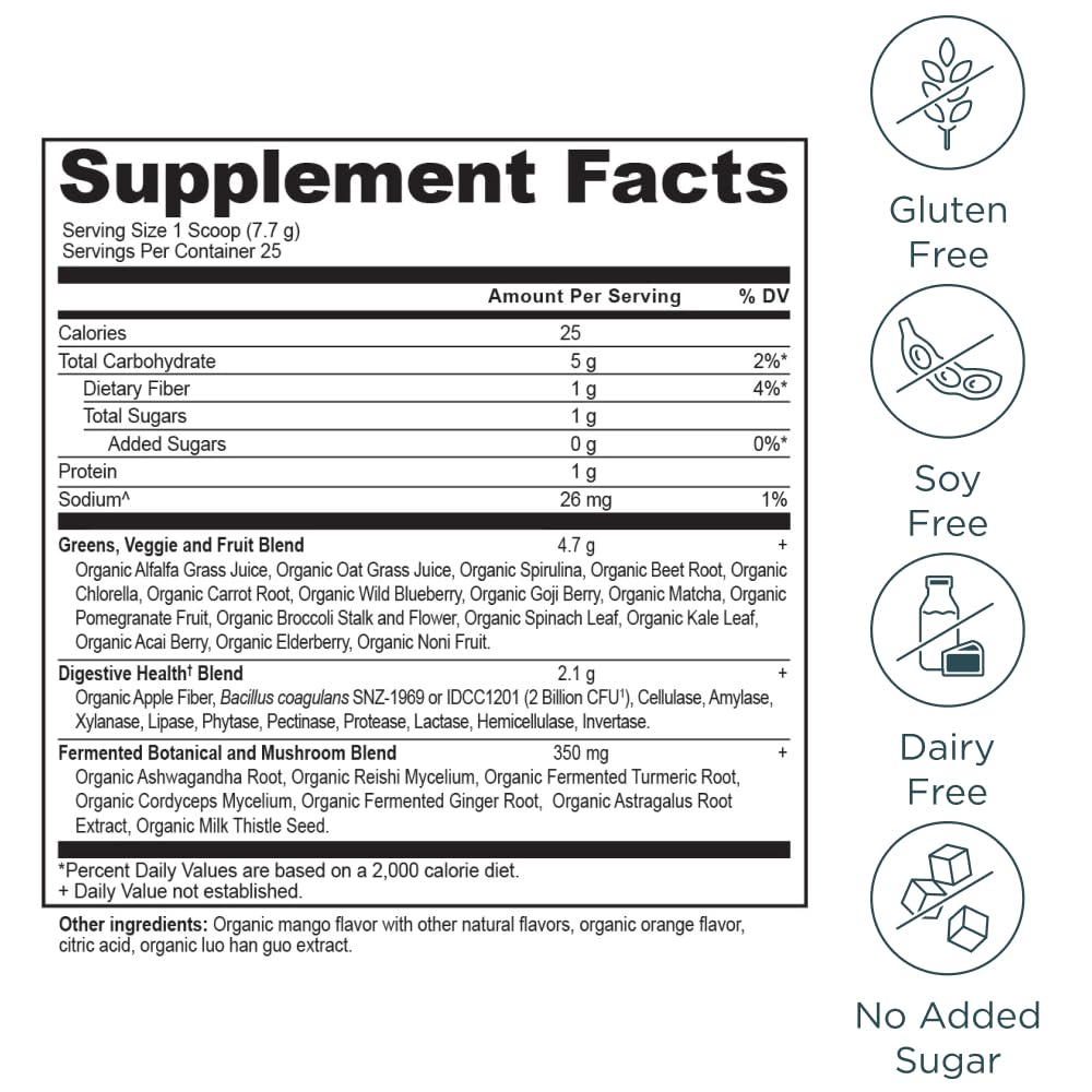 Ancient Nutrition SuperGreens: poudre-dans-eau, goût mangue fruité et digestion facilitée.